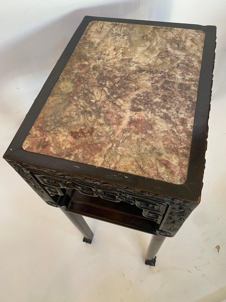 Antique Tall Chinese Carved Rosewood Two Tiered Flower Stands Marble ...