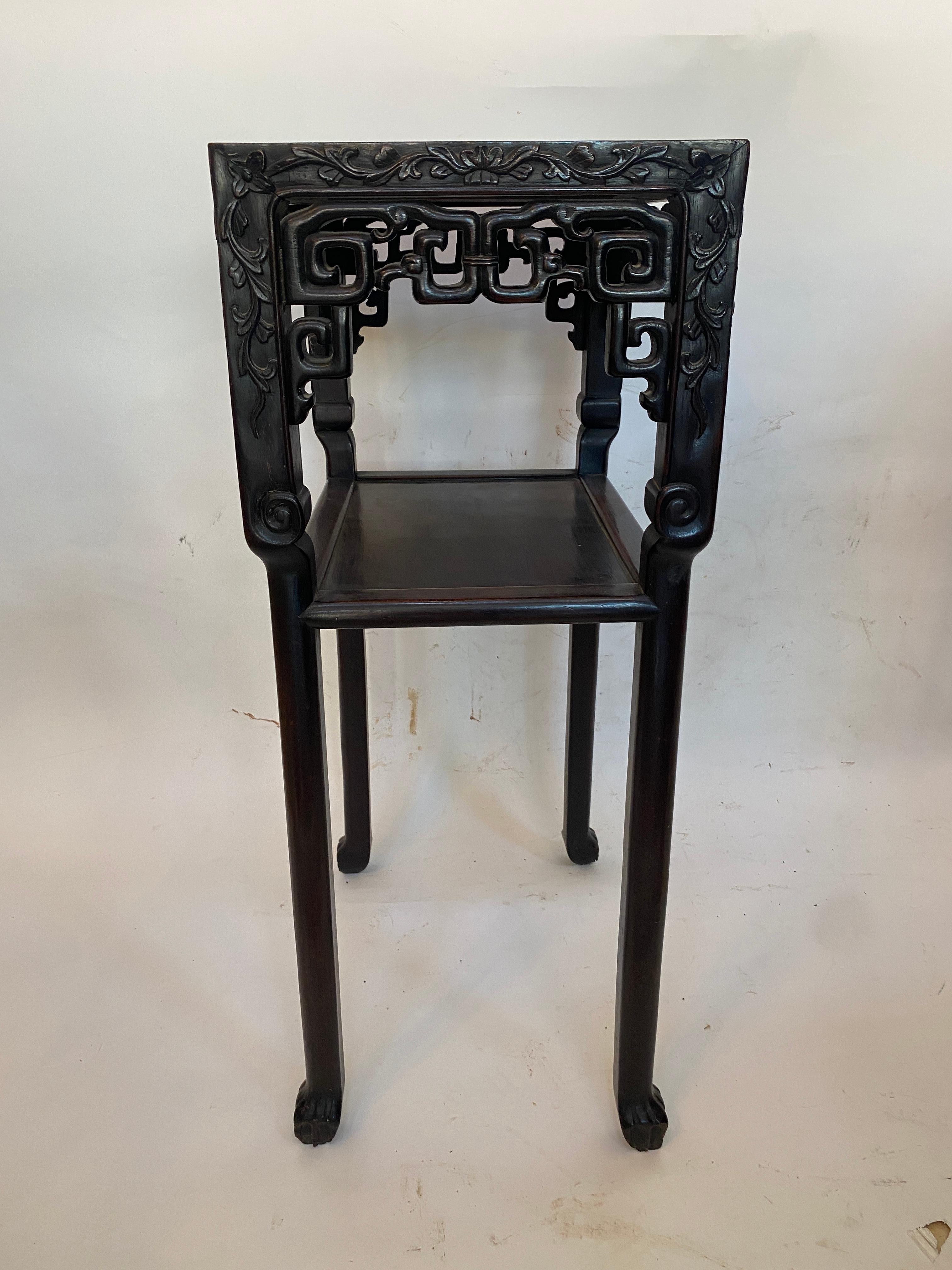 Antique Tall Chinese Carved Rosewood Two Tiered Flower Stands Marble-Top Insert For Sale 9