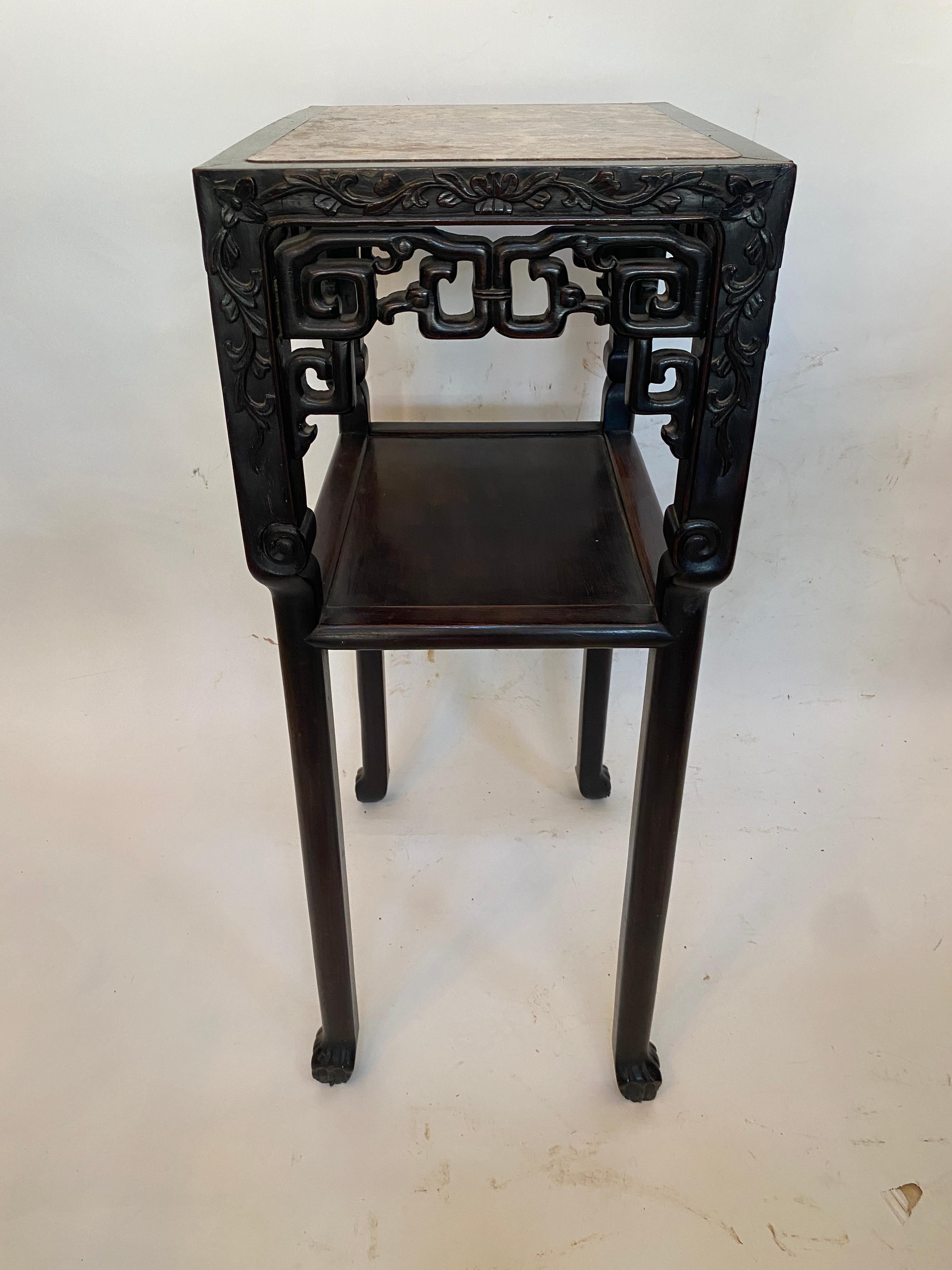 Antique Tall Chinese Carved Rosewood Two Tiered Flower Stands Marble-Top Insert For Sale 10