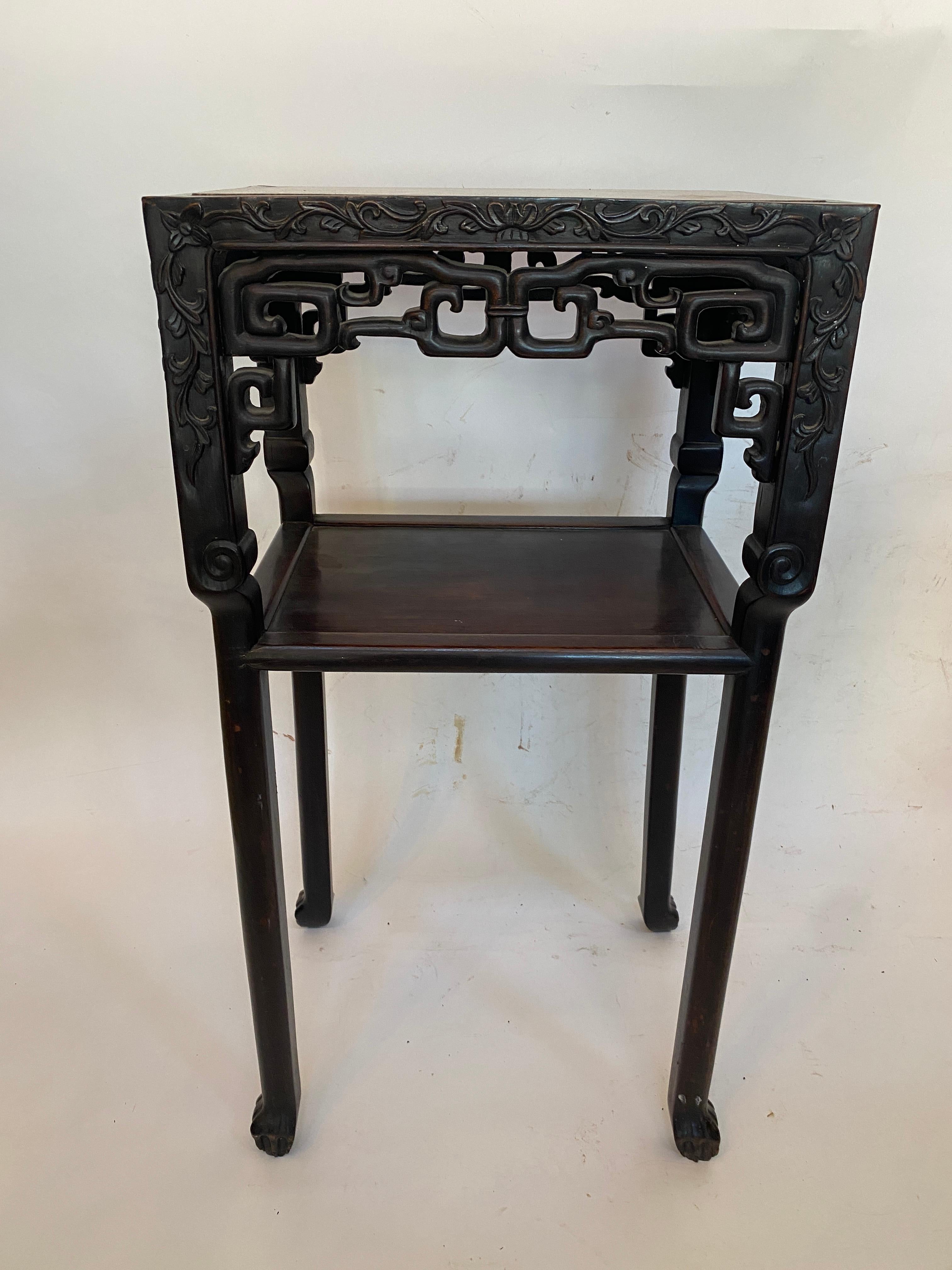 Antique Tall Chinese Carved Rosewood Two Tiered Flower Stands Marble-Top Insert For Sale 11