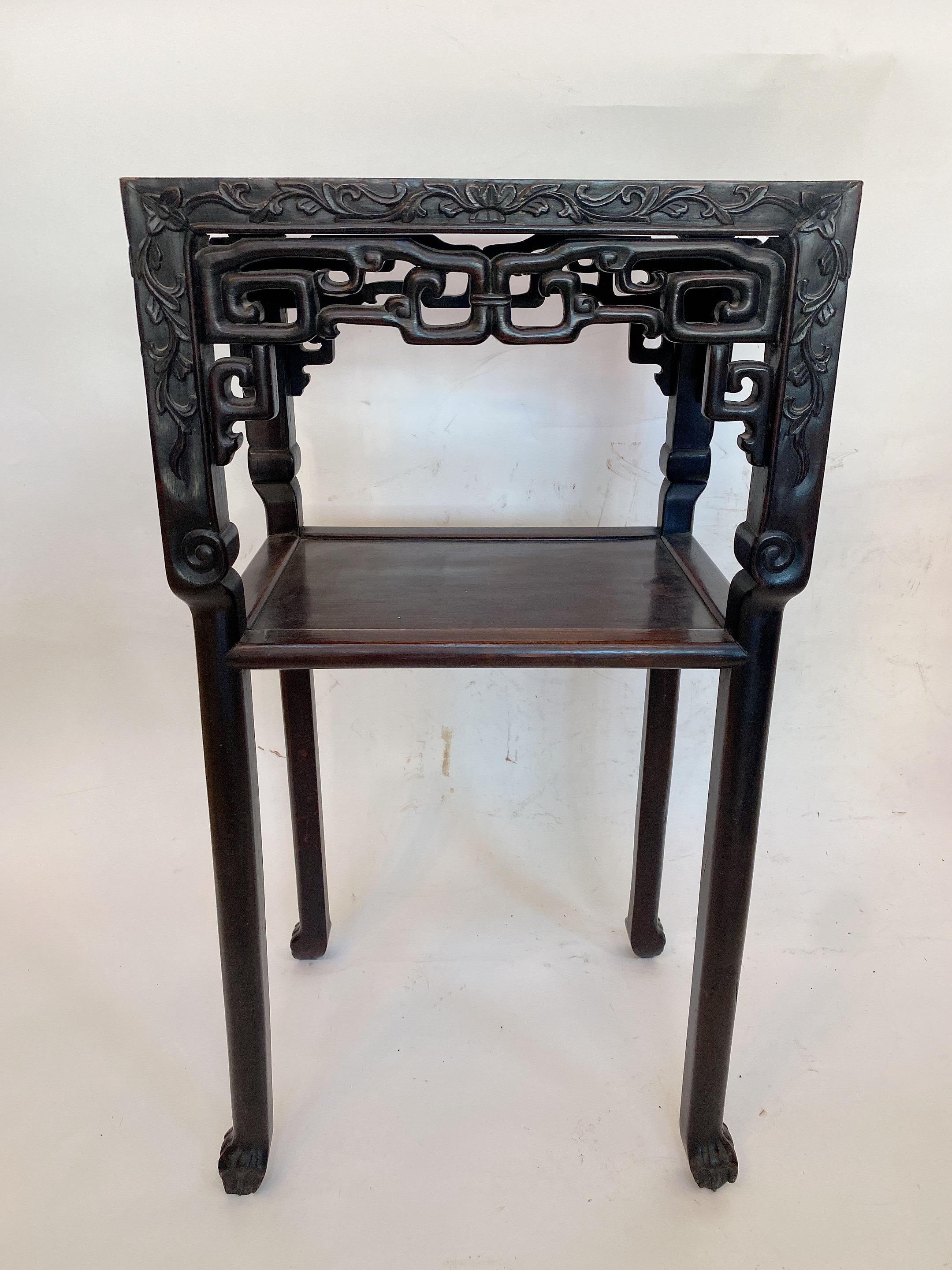 Chinese Export Antique Tall Chinese Carved Rosewood Two Tiered Flower Stands Marble-Top Insert For Sale