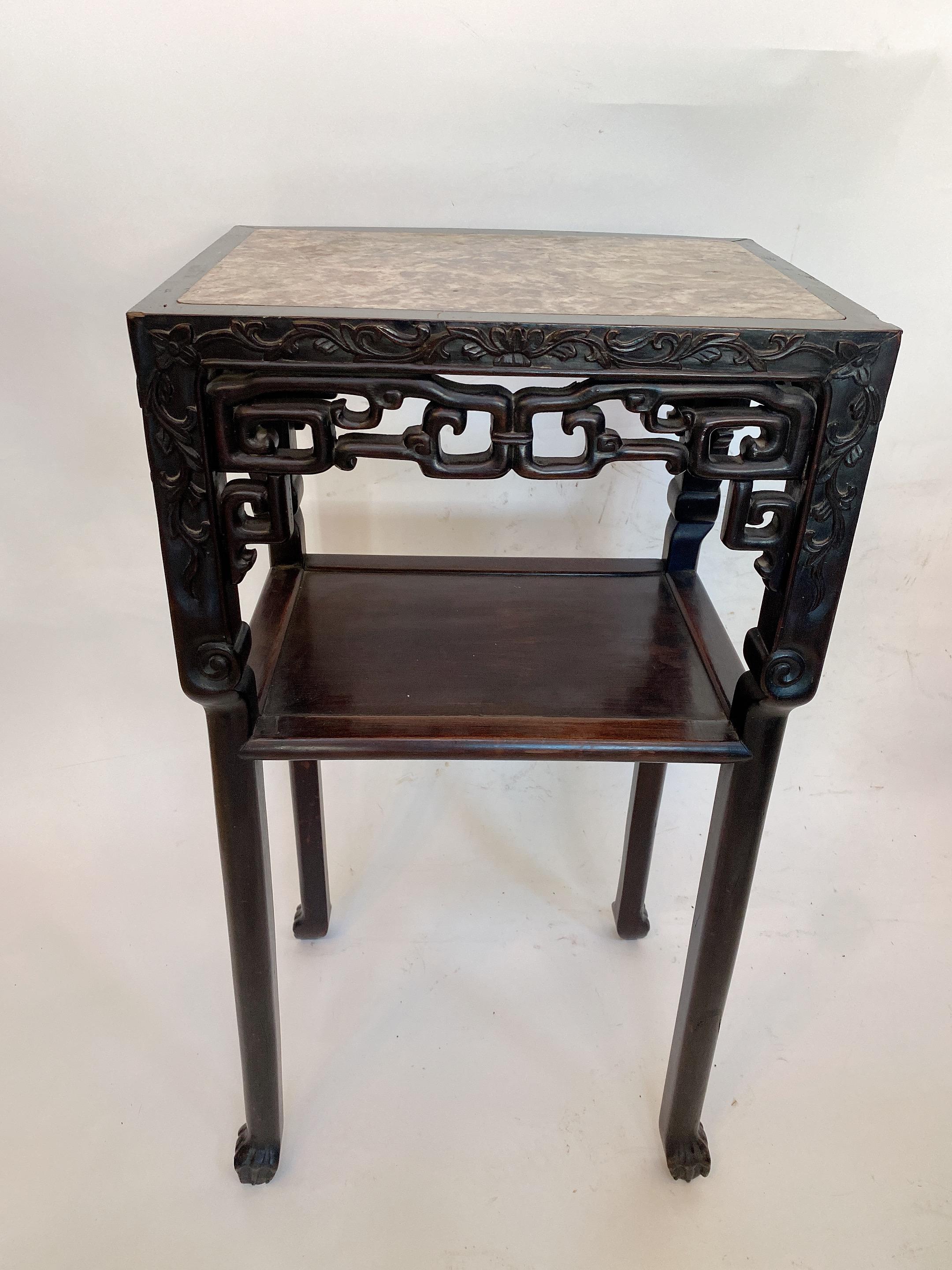 Hand-Carved Antique Tall Chinese Carved Rosewood Two Tiered Flower Stands Marble-Top Insert For Sale