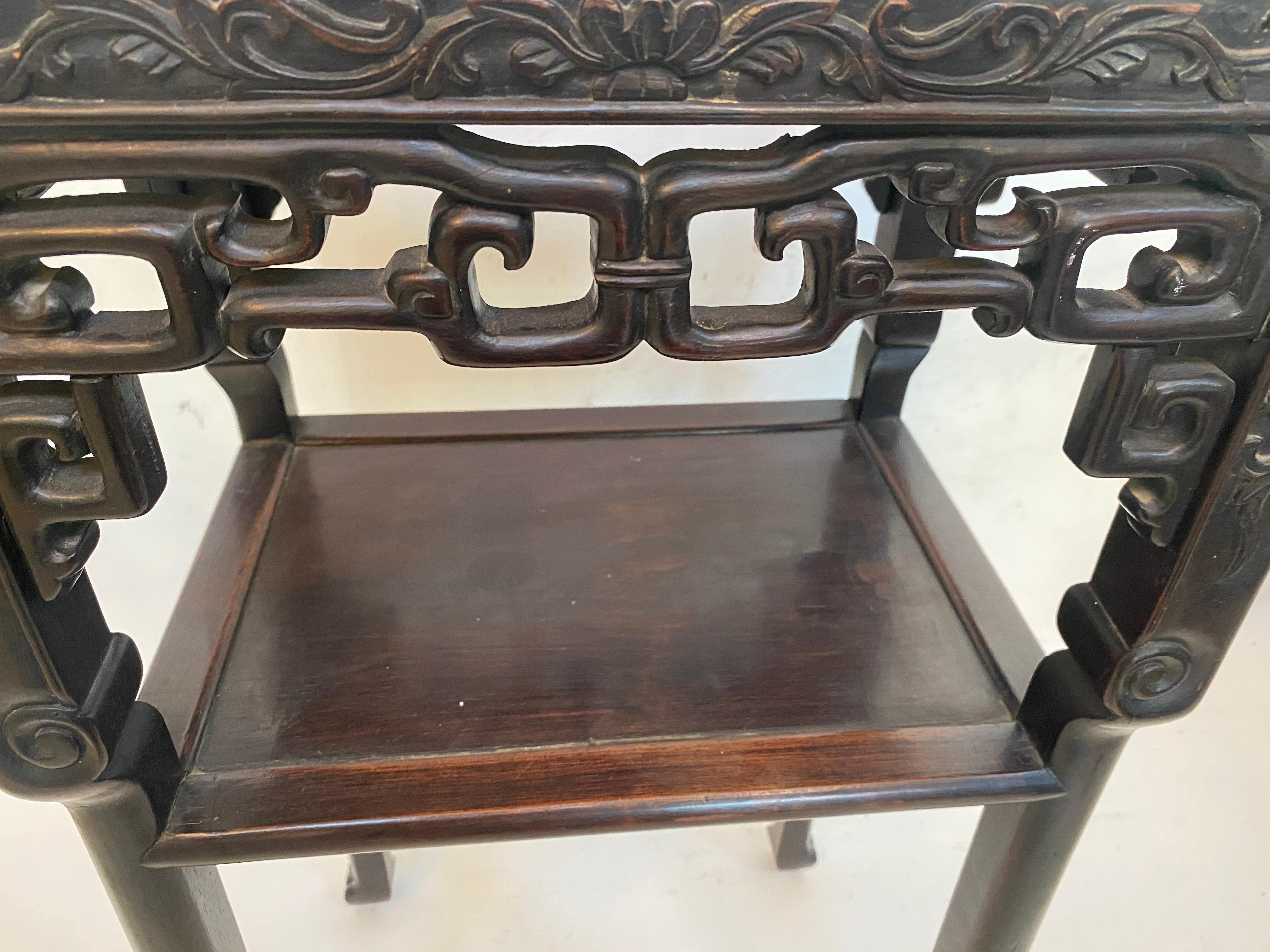 Hardwood Antique Tall Chinese Carved Rosewood Two Tiered Flower Stands Marble-Top Insert For Sale