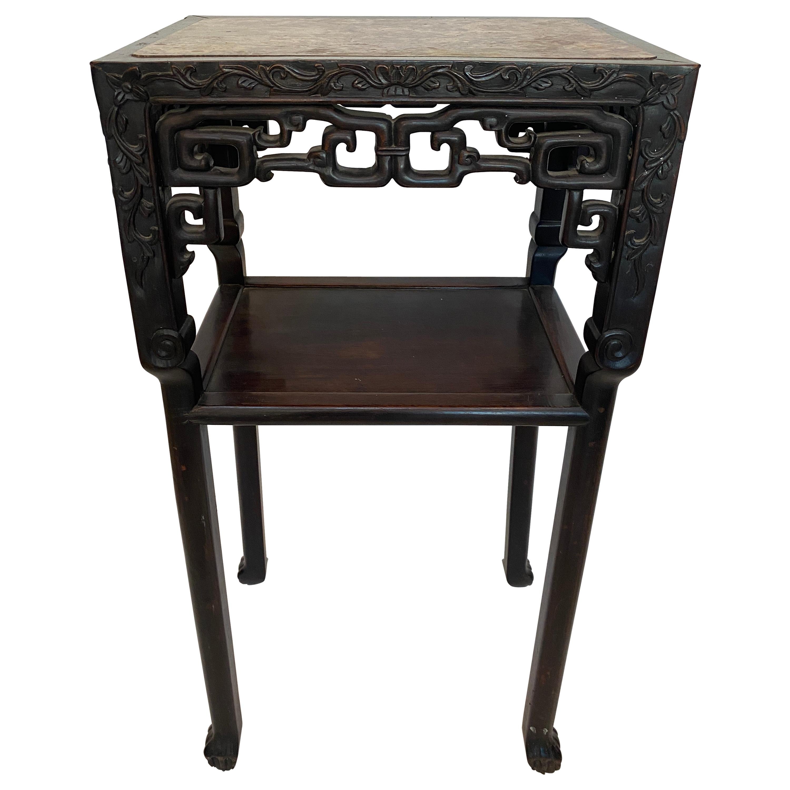 Antique Tall Chinese Carved Rosewood Two Tiered Flower Stands Marble-Top Insert For Sale