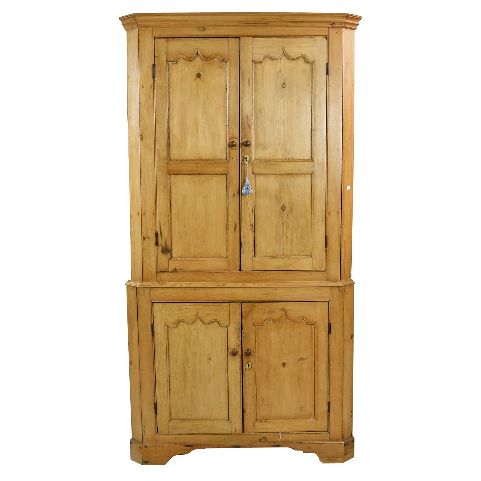 Antique Tall English Four-Door Corner Cupboard/ Cabinet in Light-Colored Pine For Sale