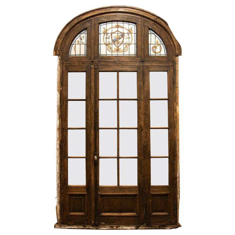 Antique Tall Glass French Doors With Stained Glass Arched Transom With Fleur De 
