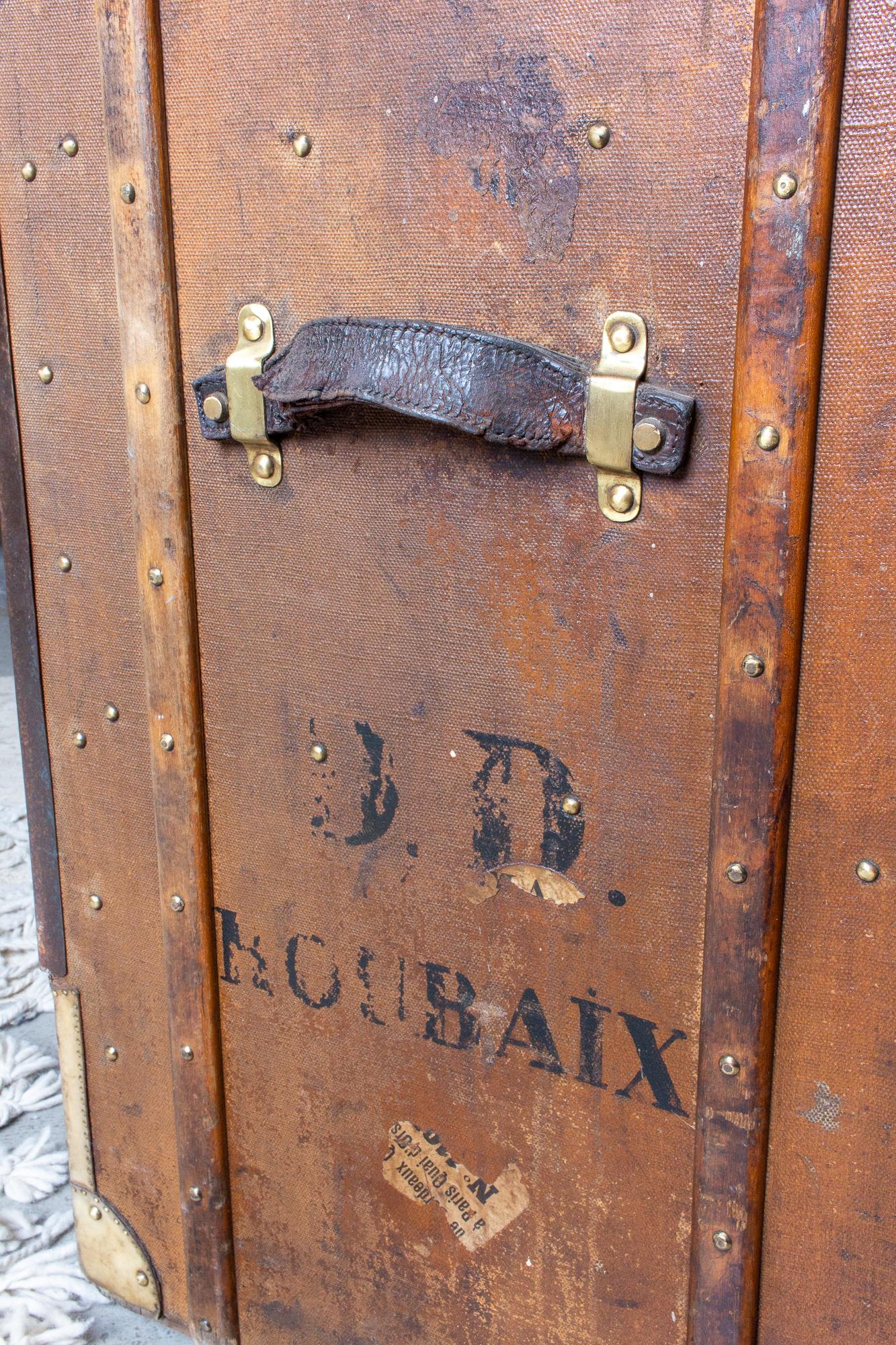 Antique grande malle à bagages en cuir avec panneau d'ouverture avant trouvée en France 3