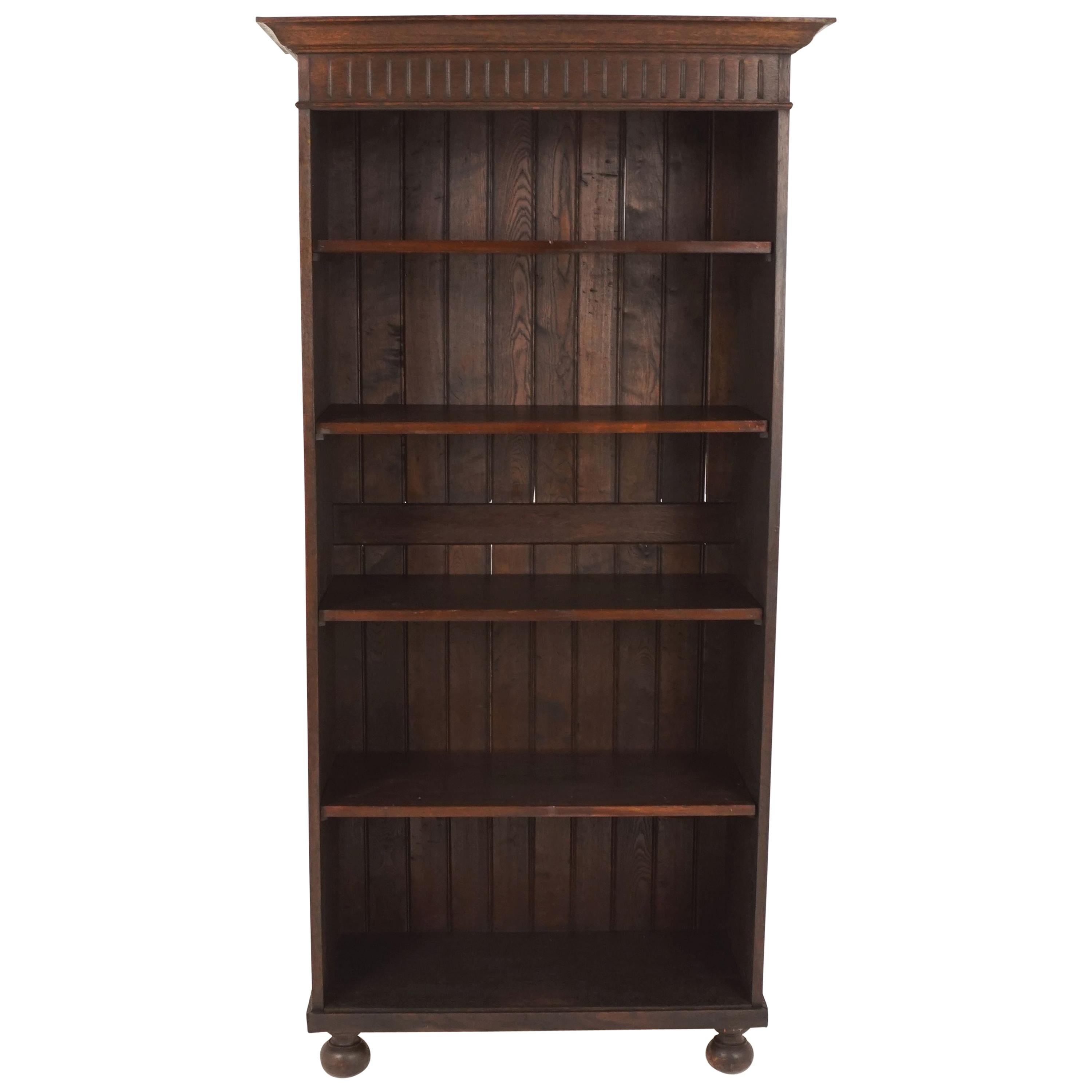 Antique Tall Oak Open Bookcase, Display Cabinet, Scotland 1910, B1645