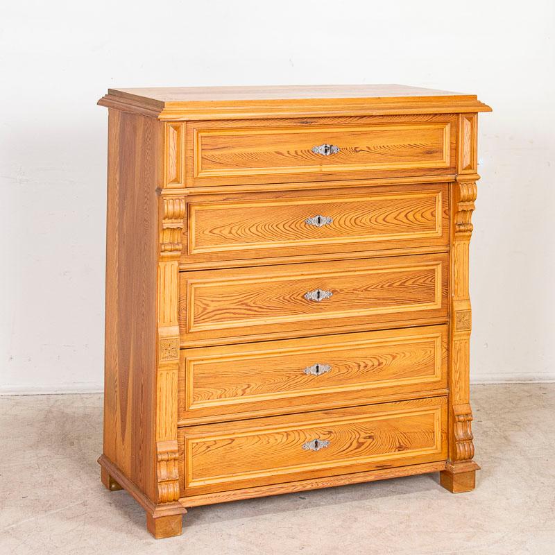 Antique 19th century Swedish pine highboy chest of paneled drawers. Notice how the top drawer sits forward of the lower four and is accented by long side half columns. A key is included to use as a pull to open the drawers which work smoothly. The