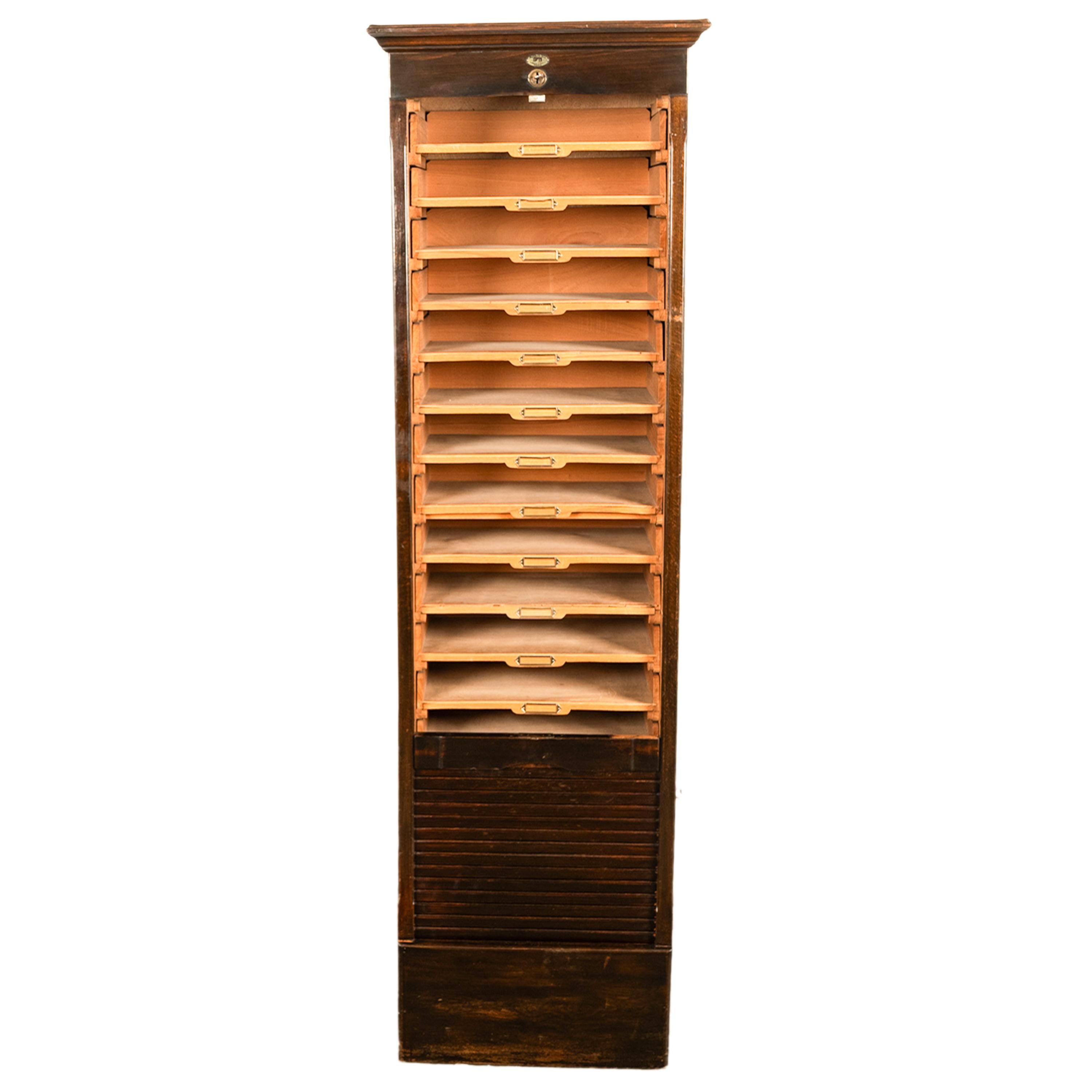 Antique Tall Spanish Walnut Tambor Roll Down Filing Cabinet 