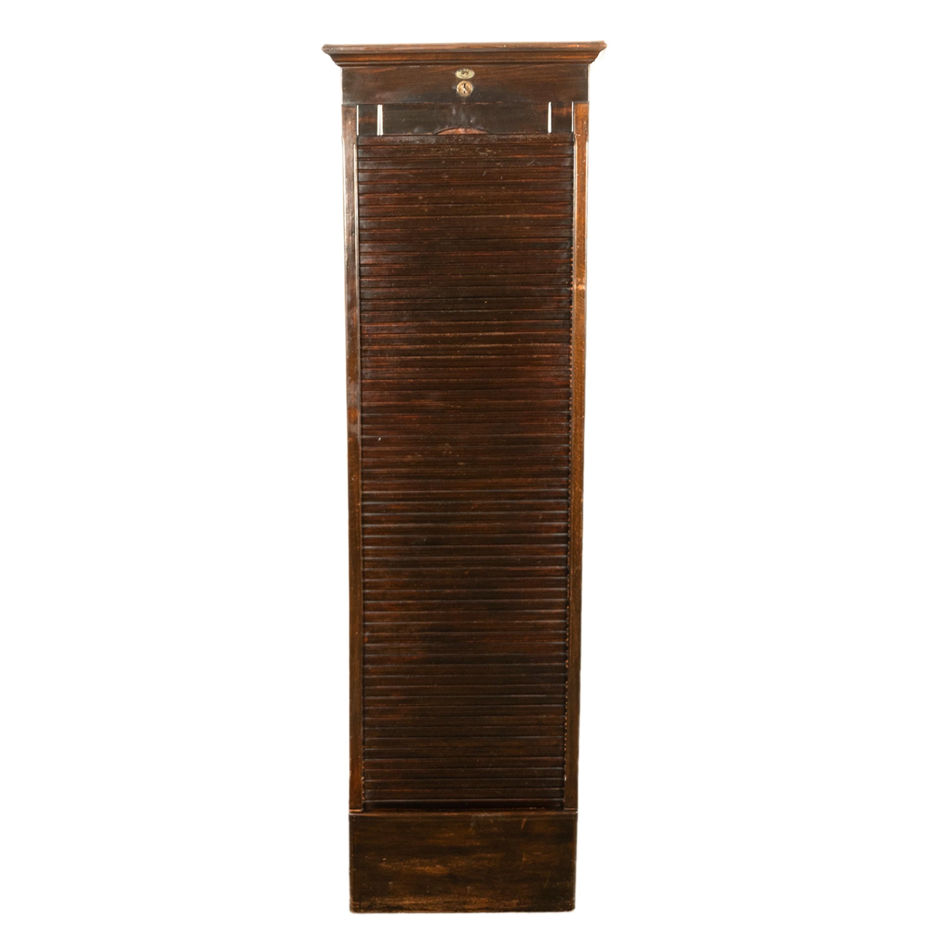 Antique Tall Spanish Walnut Tambor Roll Down Filing Cabinet 