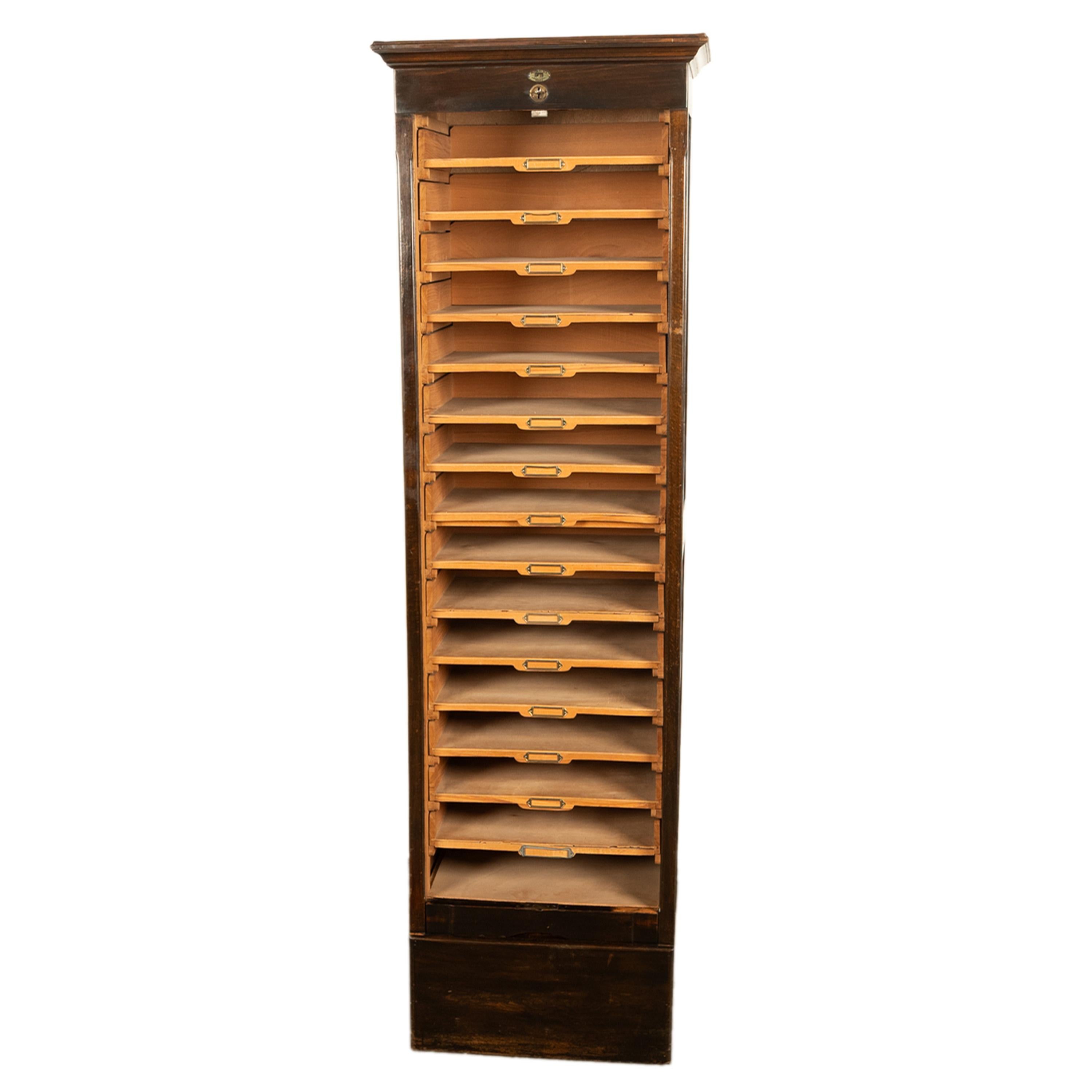 Mission Antique Tall Spanish Walnut Tambor Roll Down Filing Cabinet 