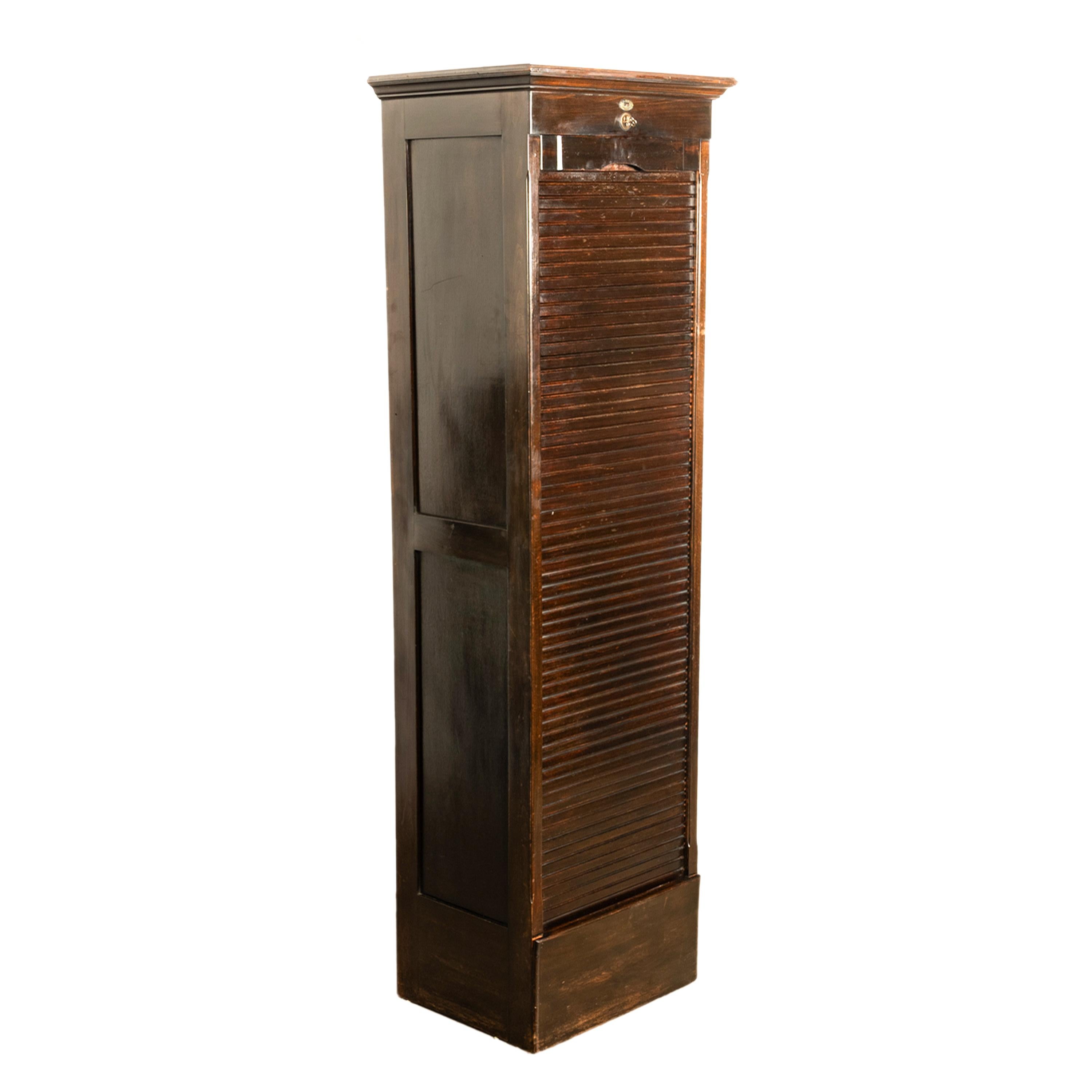 Antique Tall Spanish Walnut Tambor Roll Down Filing Cabinet 