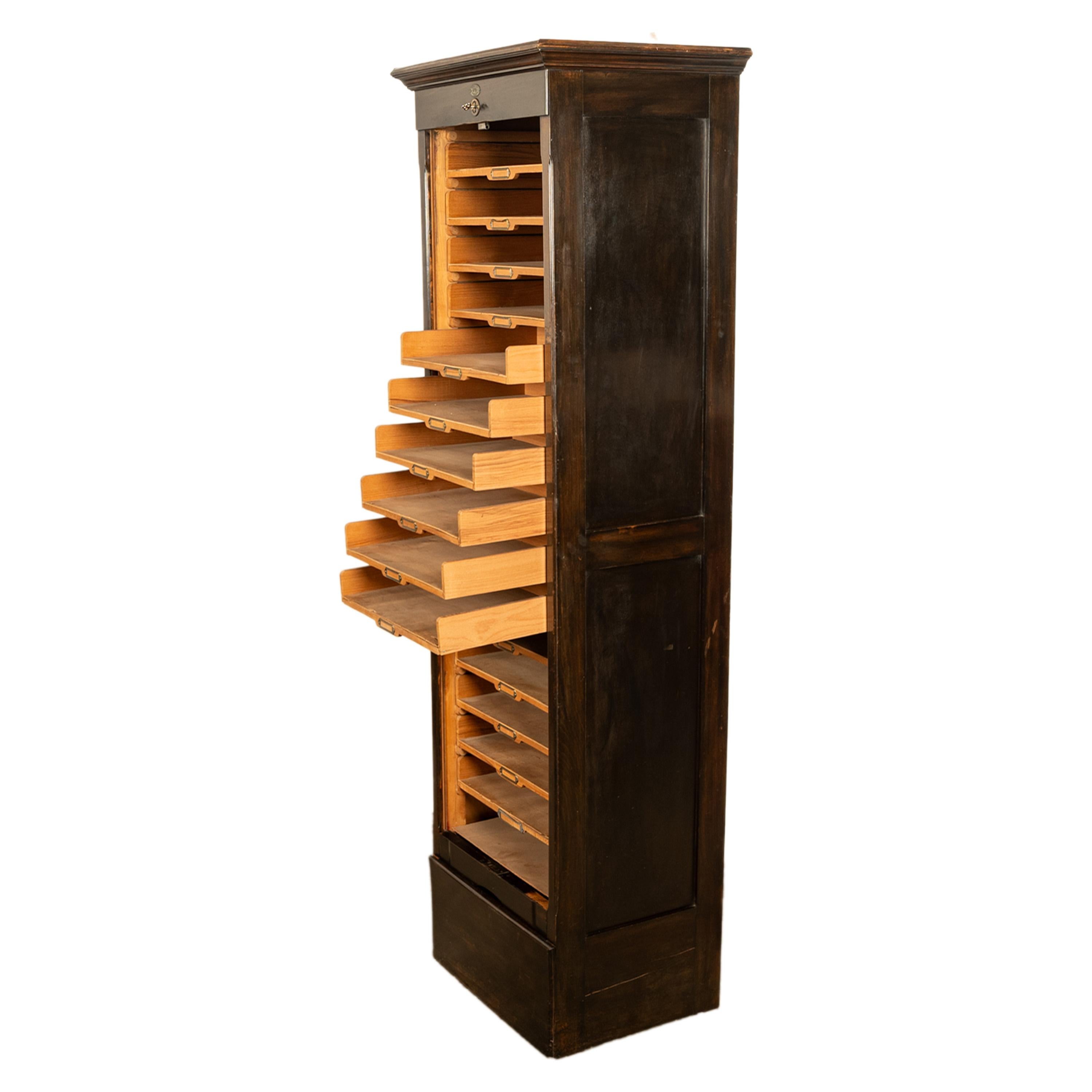Antique Tall Spanish Walnut Tambor Roll Down Filing Cabinet 