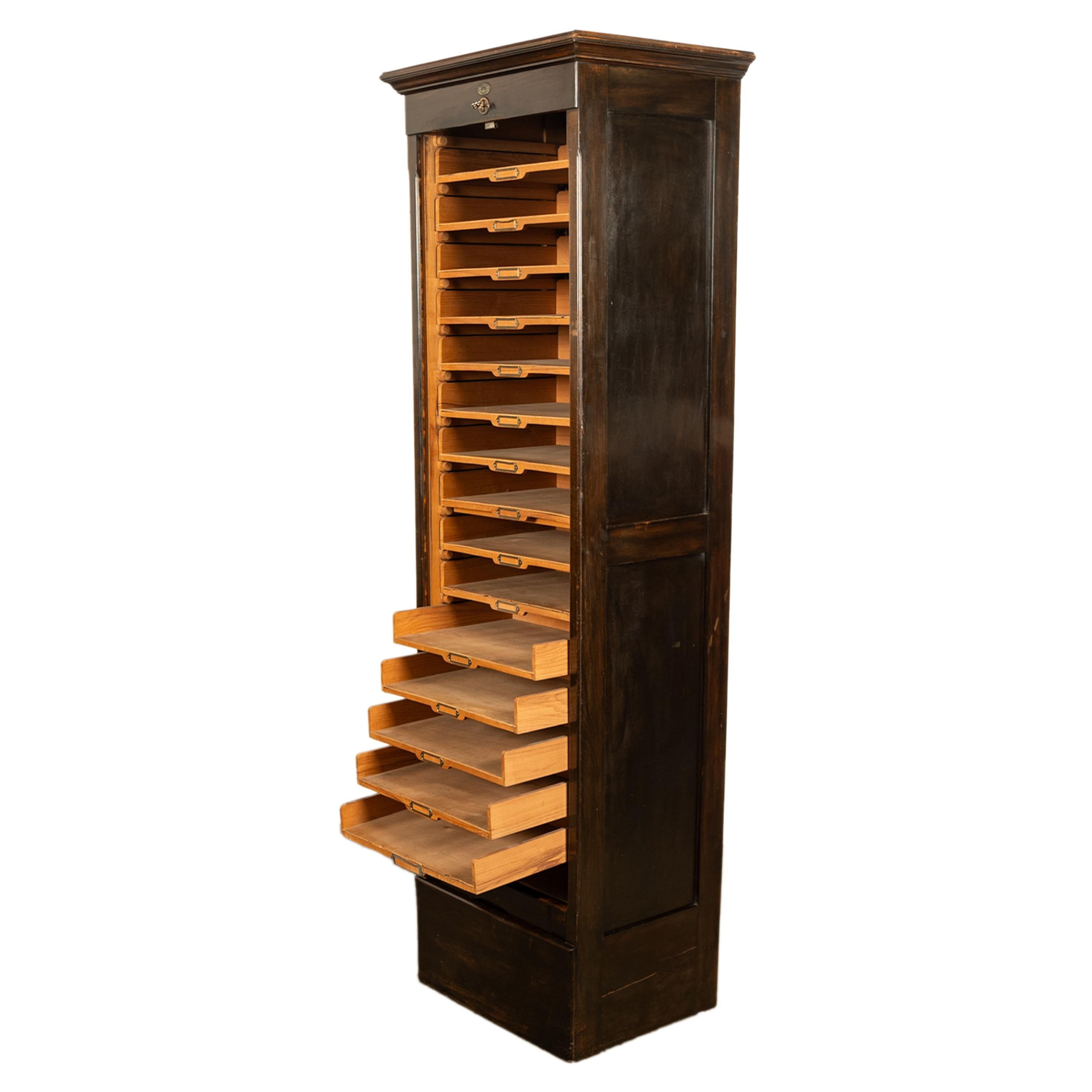 Antique Tall Spanish Walnut Tambor Roll Down Filing Cabinet 