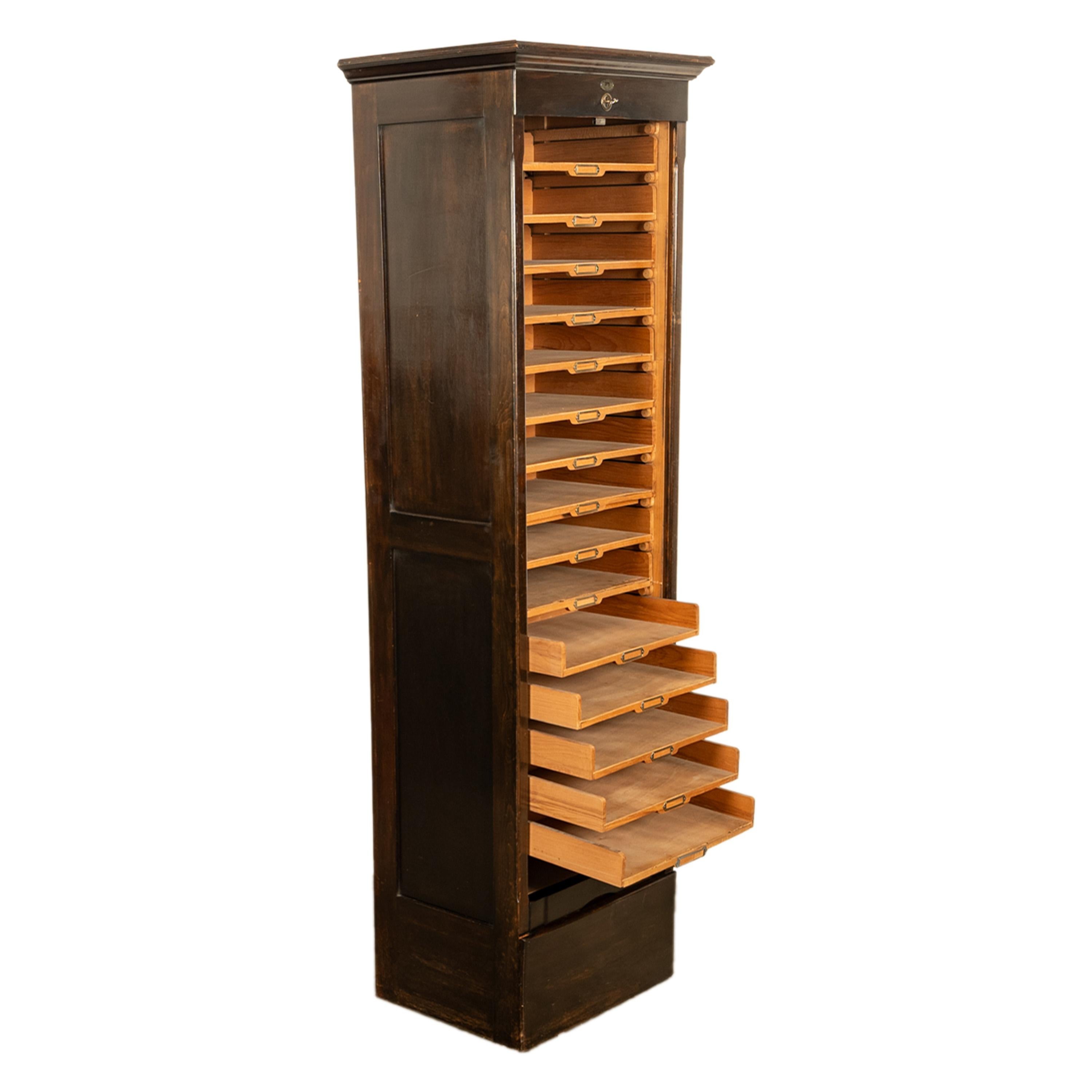 Antique Tall Spanish Walnut Tambor Roll Down Filing Cabinet 