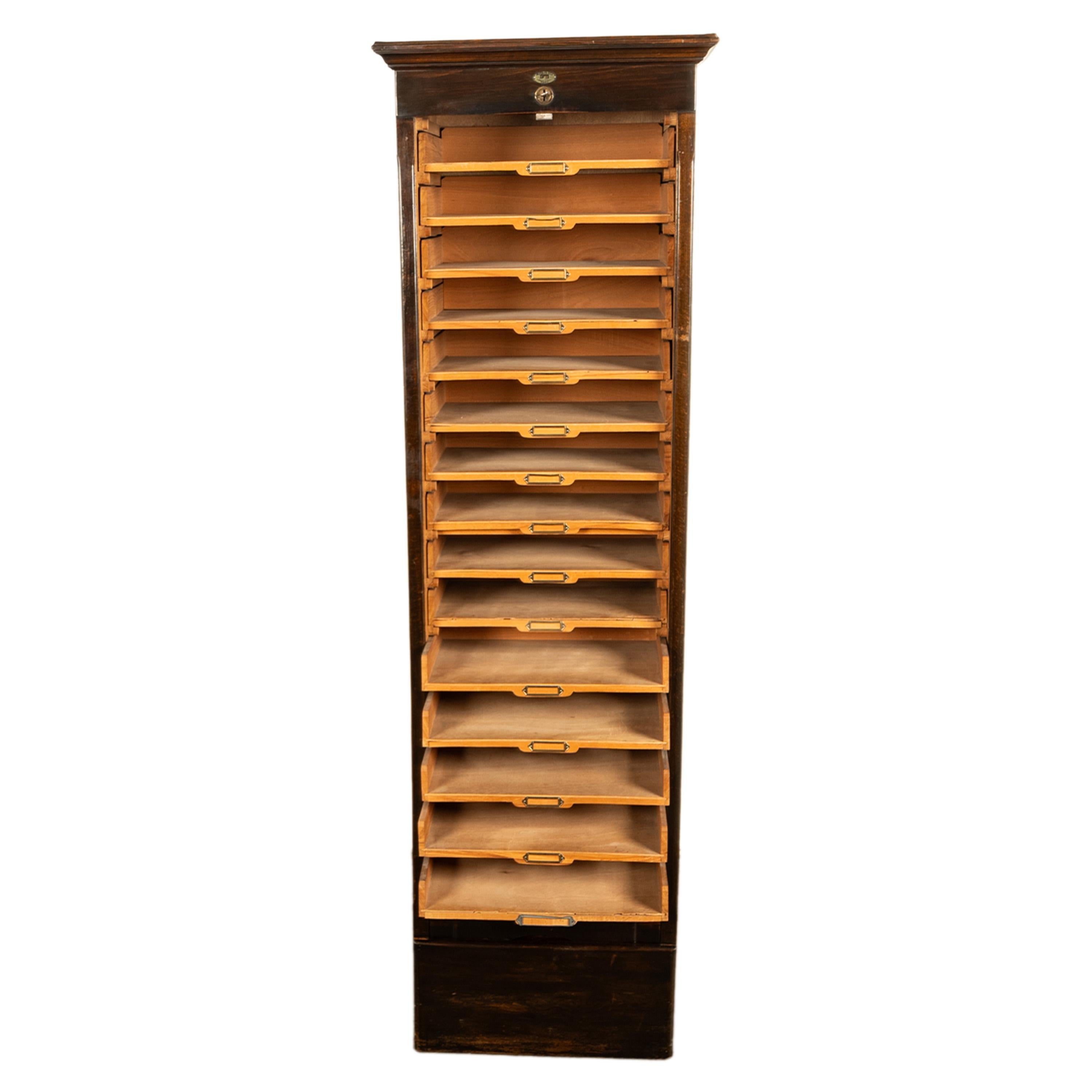 Antique Tall Spanish Walnut Tambor Roll Down Filing Cabinet 