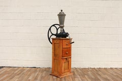 Antique Tall Standing Coffee Grinder  Cast Iron Wheel & Solid Pine Cabinet
