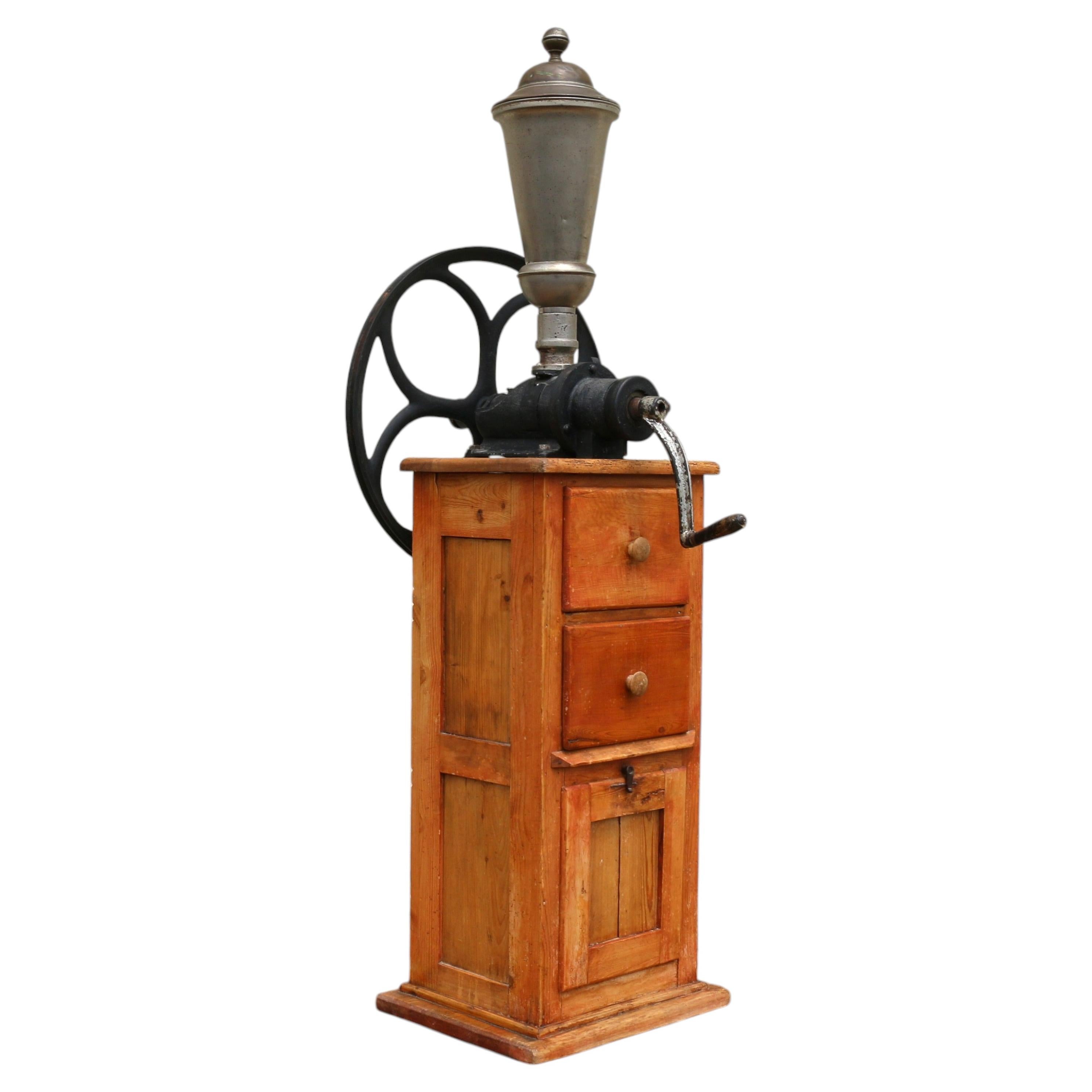 Antique Tall Standing Coffee Grinder  Cast Iron Wheel & Solid Pine Cabinet