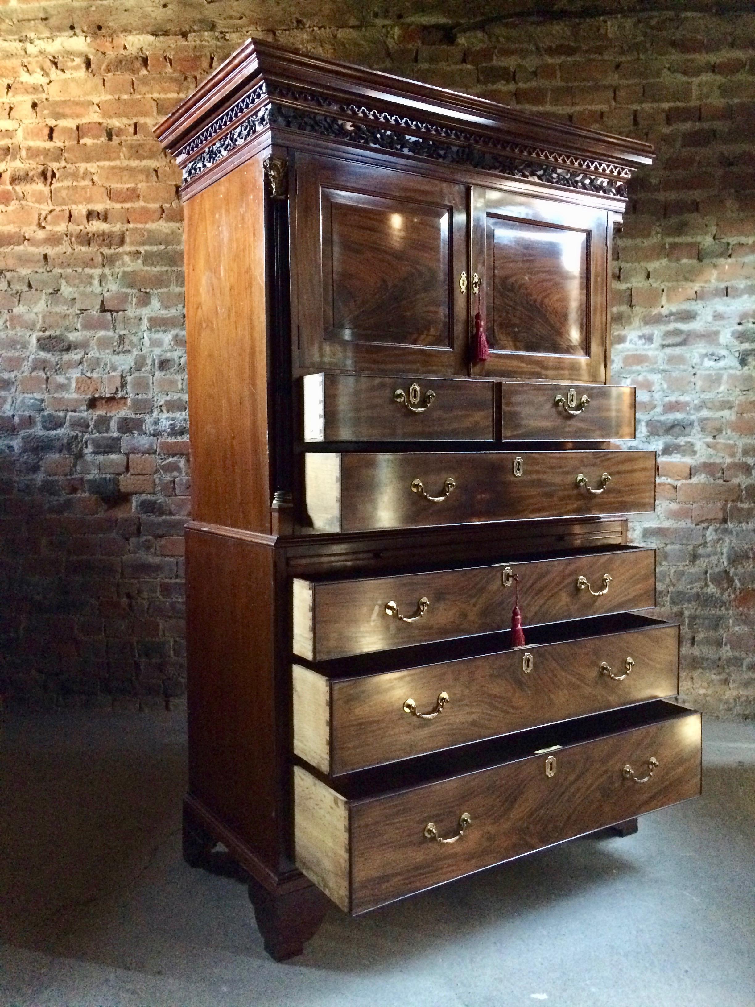 Early 19th Century Antique Tallboy Chest Linen Press Chest on Chest George III Mahogany, circa 1810