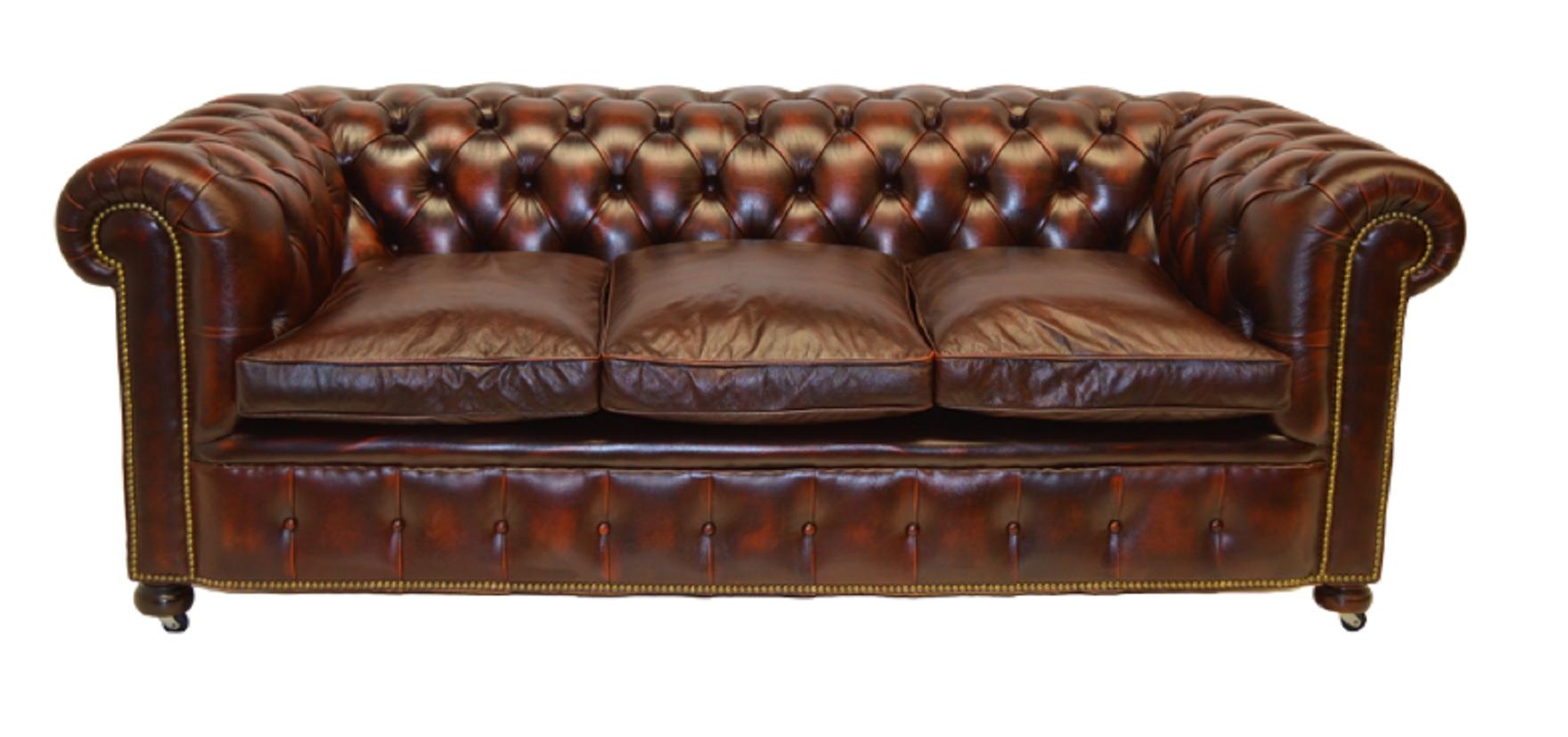 Antique Tan Chesterfield Sofa with Brass Castors / Wheels For Sale 4