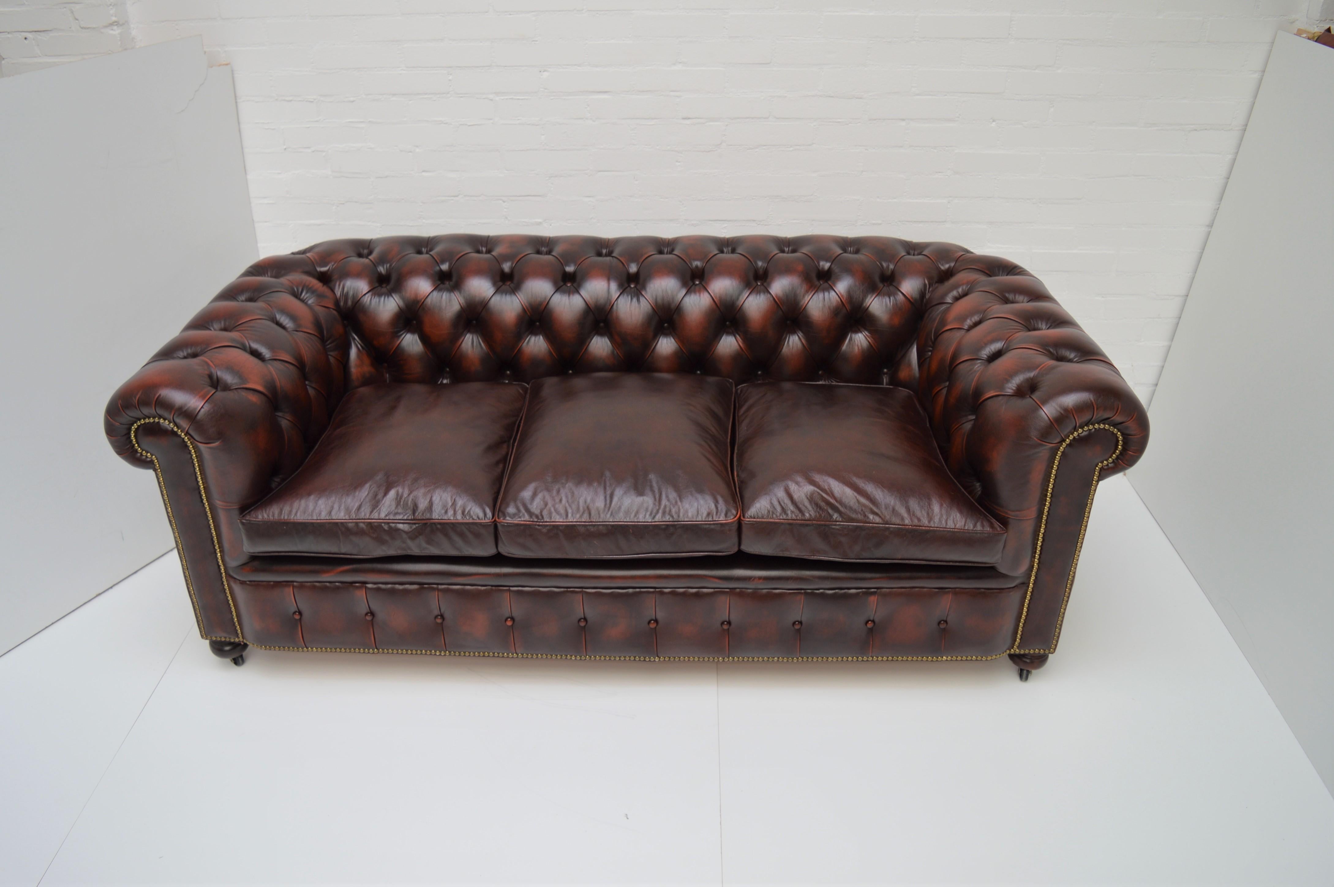 Late 19th Century Antique Tan Chesterfield Sofa with Brass Castors / Wheels For Sale