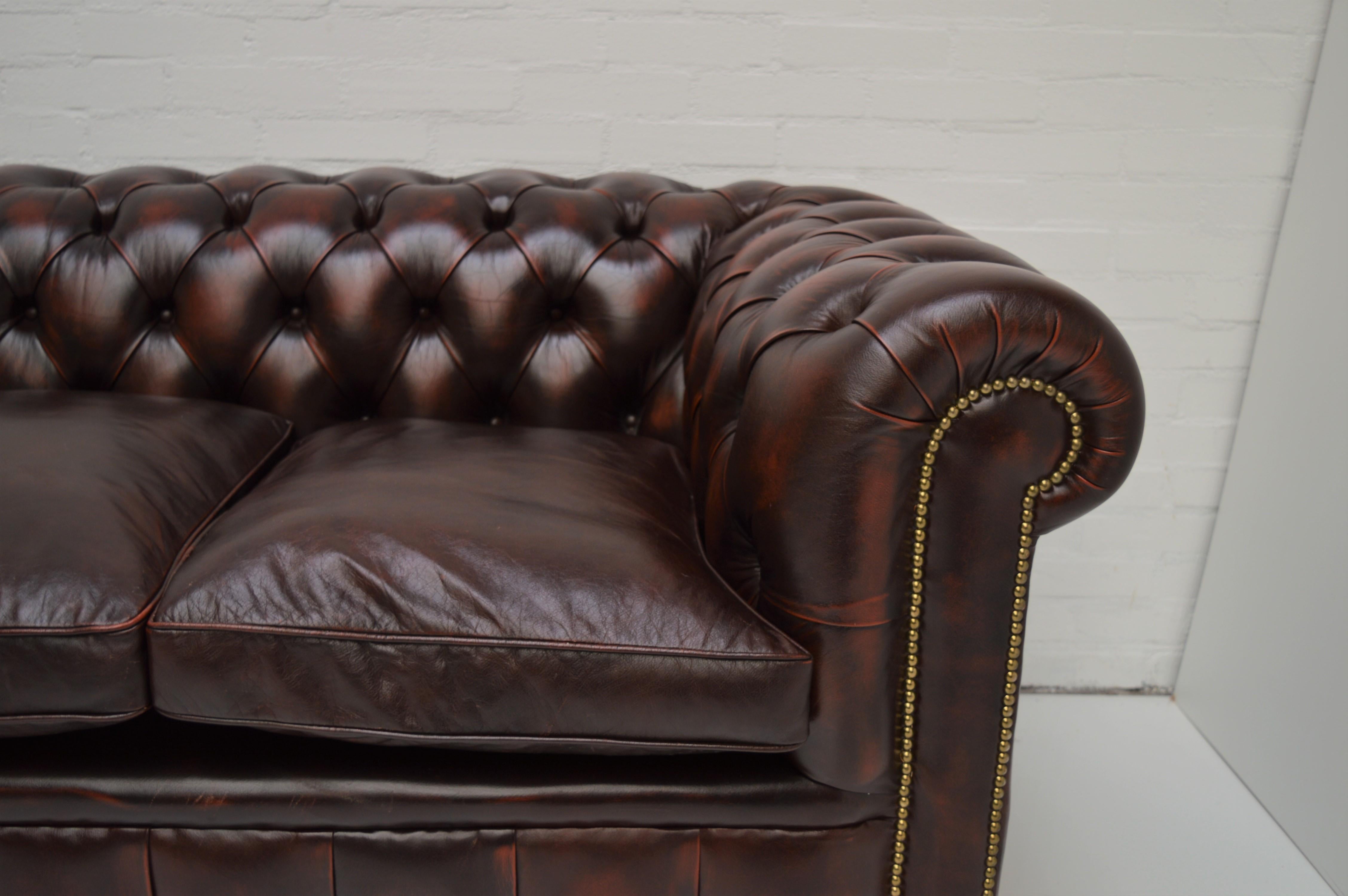 Antique Tan Chesterfield Sofa with Brass Castors / Wheels For Sale 1