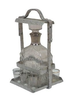 Antique Tantalus Bar Liquor Decanter Set w Shot Glasses & Locking Case 12"