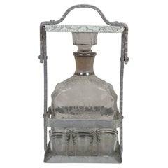 Antique Tantalus Bar Liquor Decanter Set w Shot Glasses & Locking Case 12"