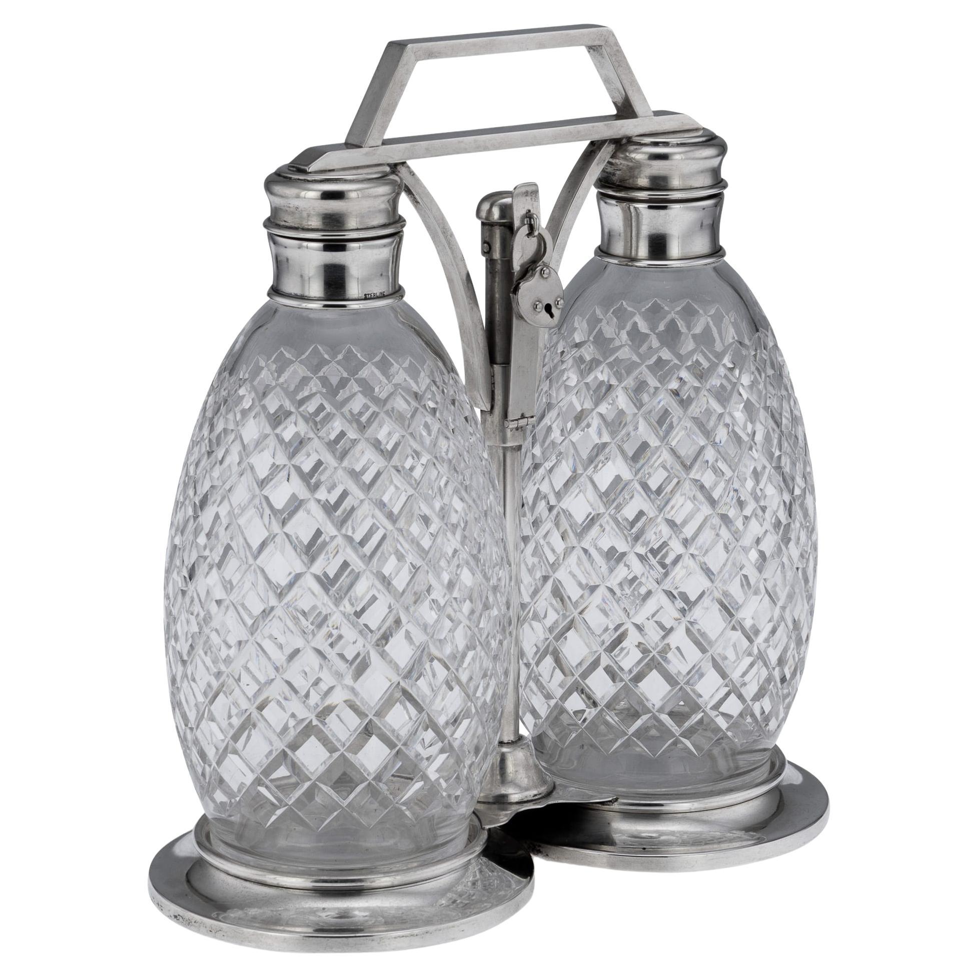 Antique Tantalus by Tiffany & Co., Solid Silver & Cut Glass, 1920 For Sale