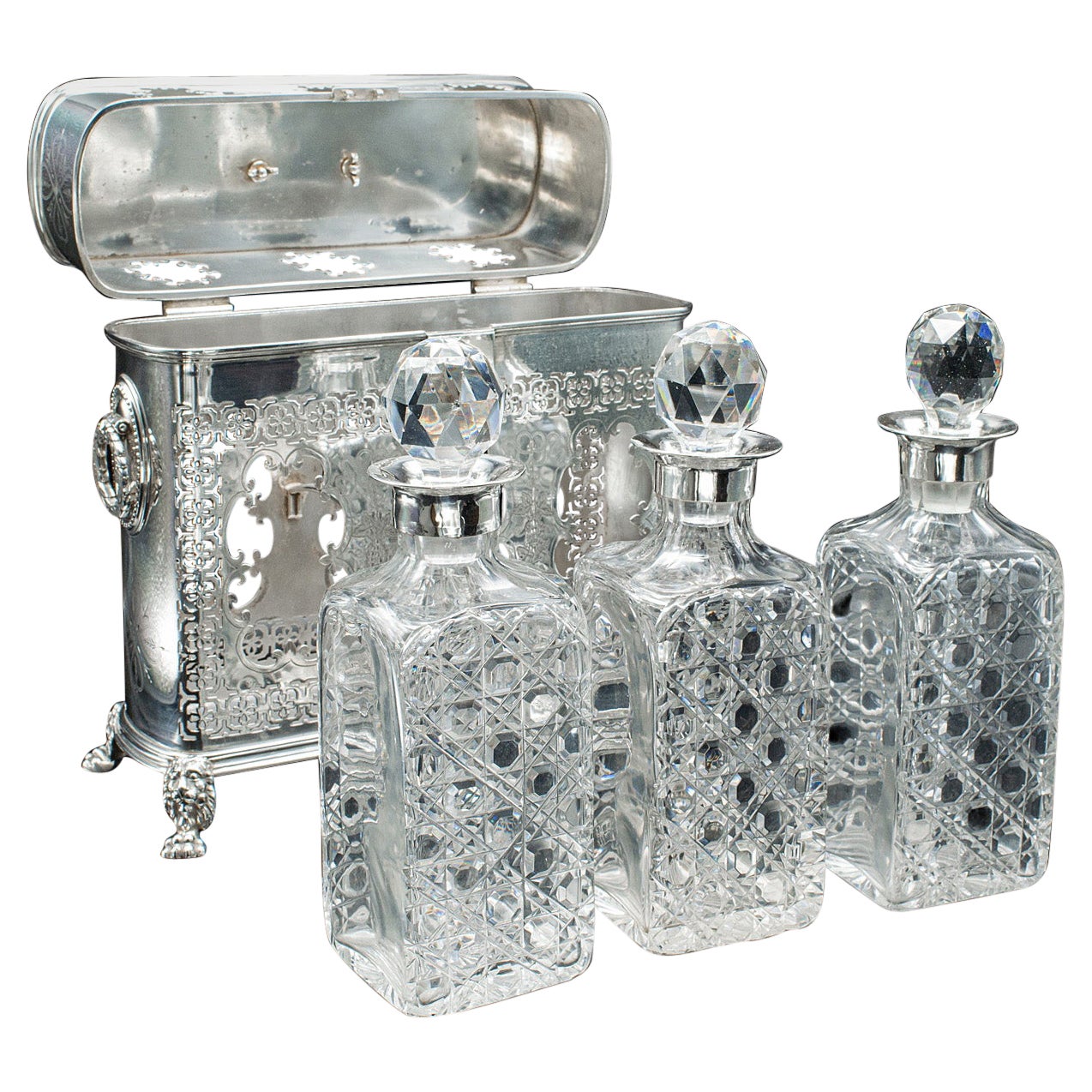 Antique Tantalus, English, Silver Plated, Three Decanter Set, Edwardian, C.1910