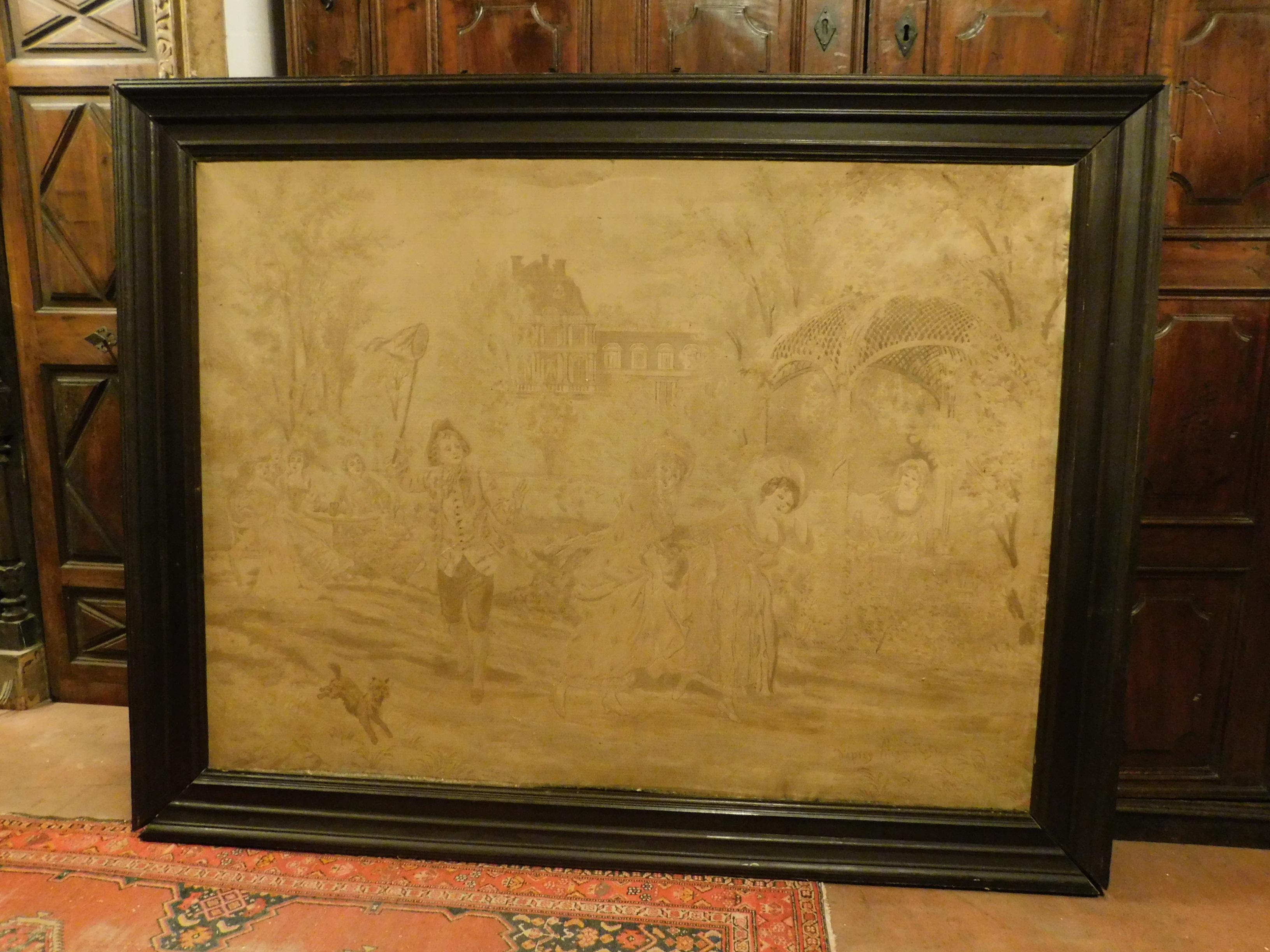 Antique tapestry by D'Apres Alonso Perez, with yellow and beige tones, with a brown wooden frame that will be shipped disassembled with respect to the canvas. D.A.Perez was a European painter (1881-1914) who participated in the 1901 Paris salon. The