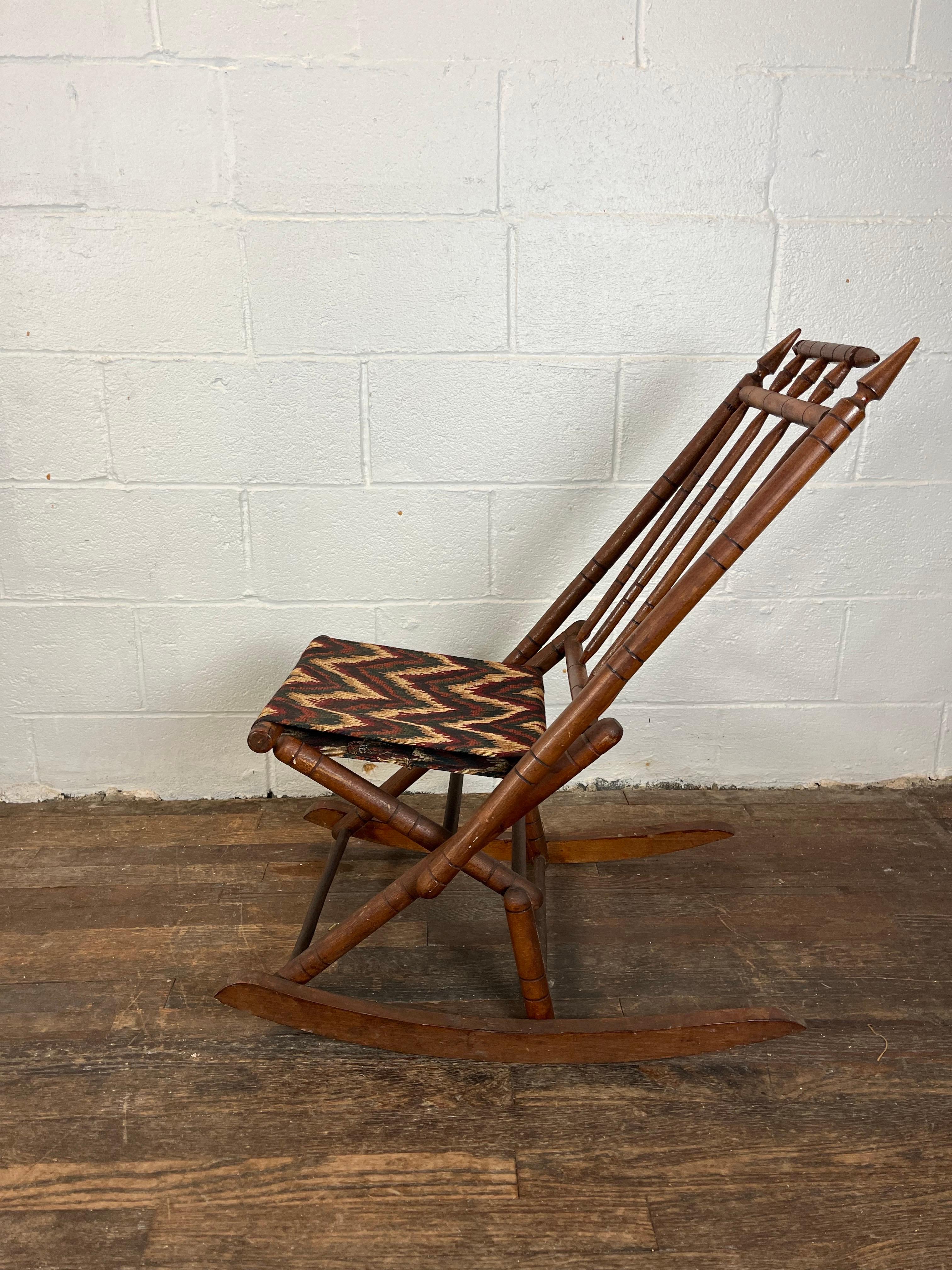 Unknown Antique Tapestry Campaign Folding Rocking Chair For Sale
