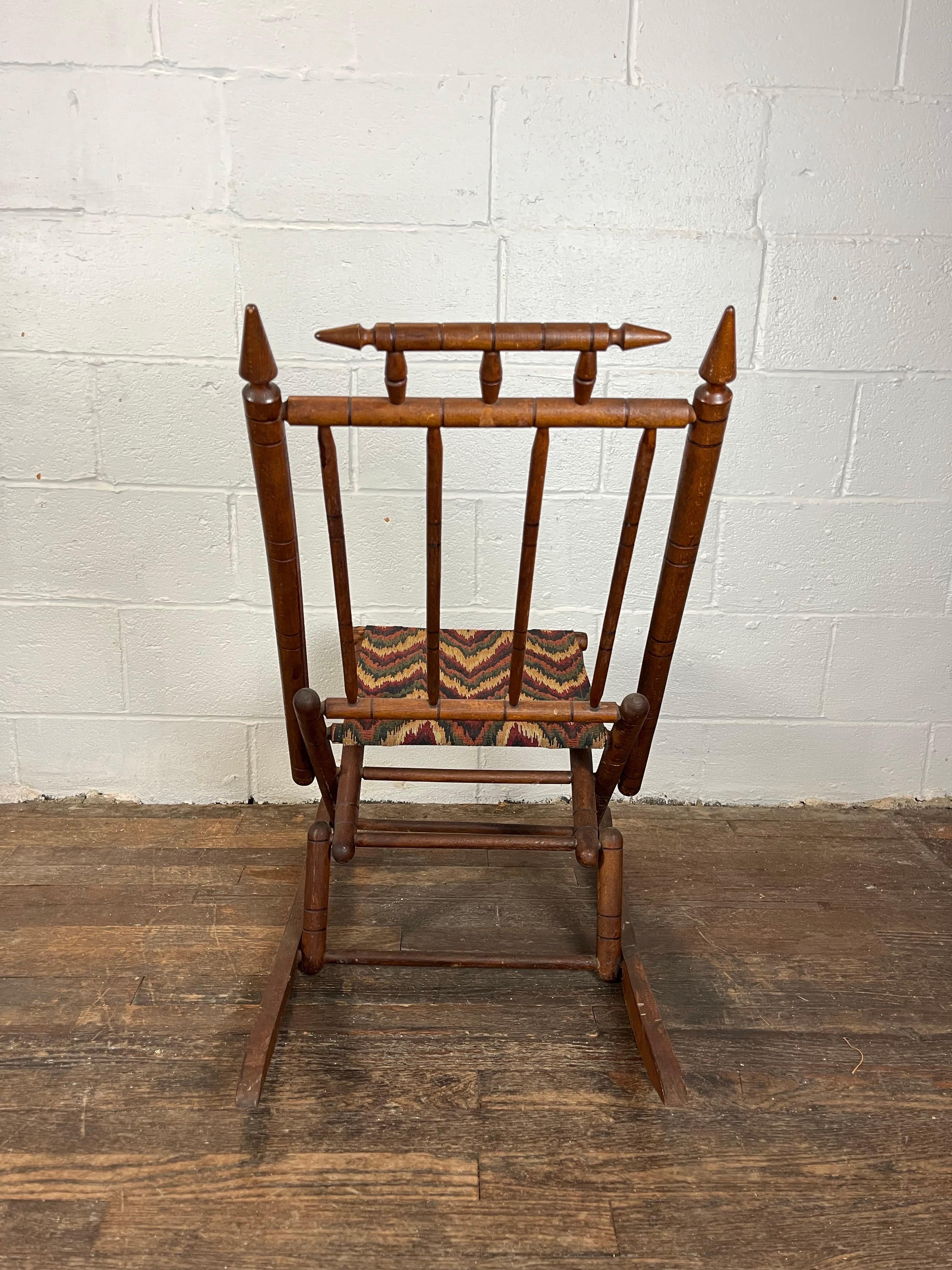 Antique Tapestry Campaign Folding Rocking Chair In Good Condition For Sale In W Allenhurst, NJ