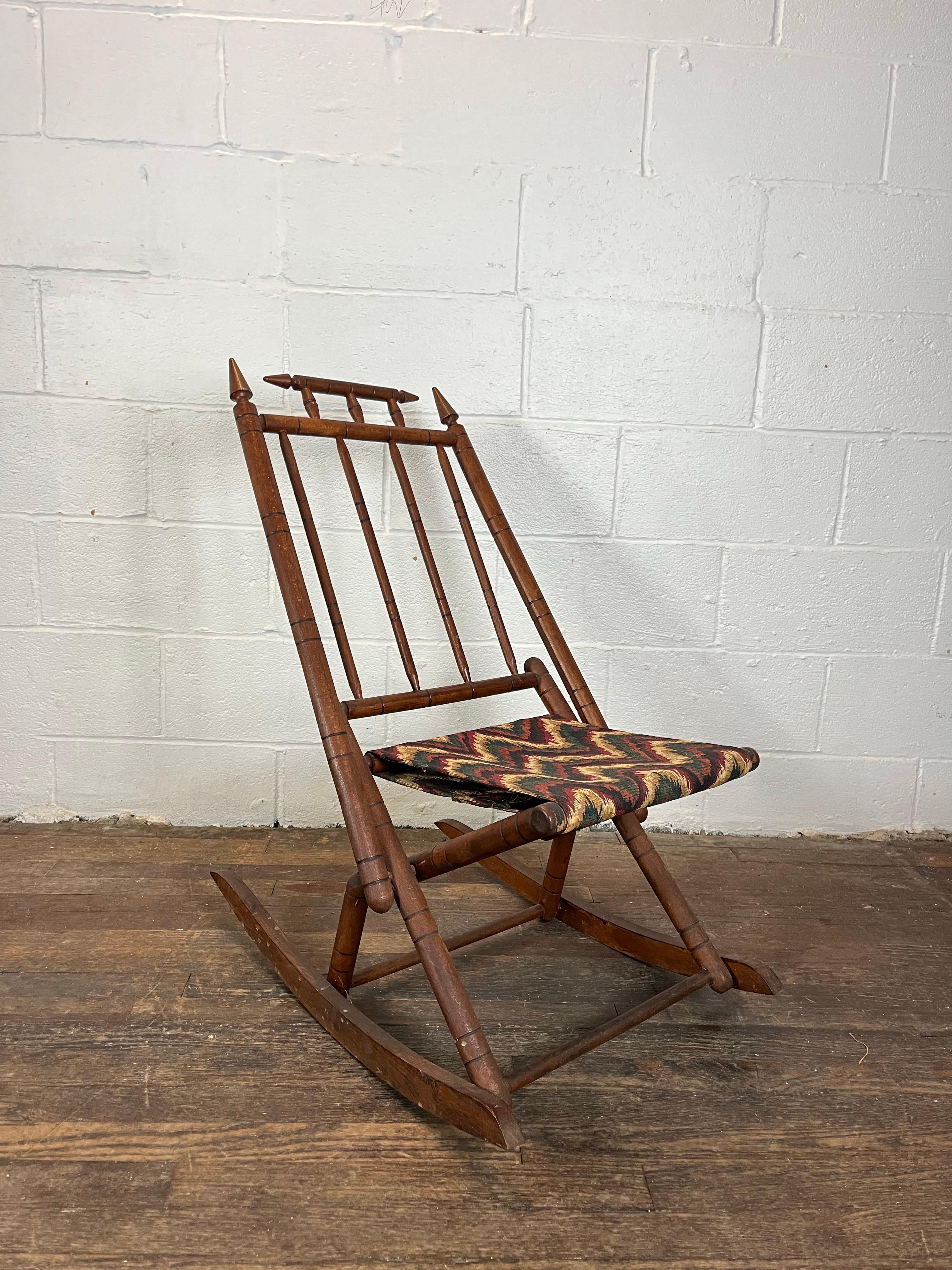 Antique Tapestry Campaign Folding Rocking Chair For Sale 1