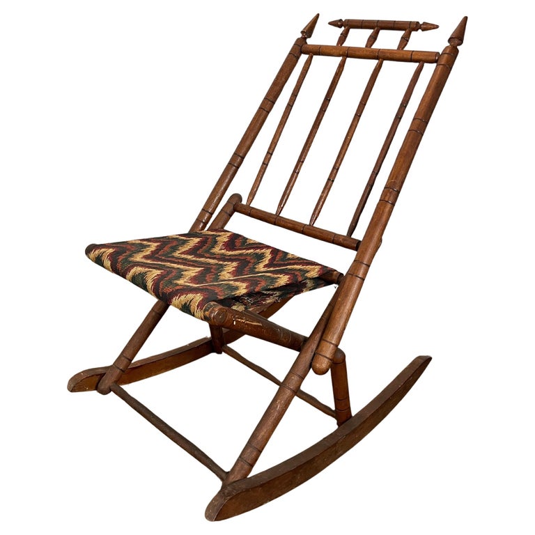 Antique Tapestry Campaign Folding Rocking Chair For Sale at 1stDibs
