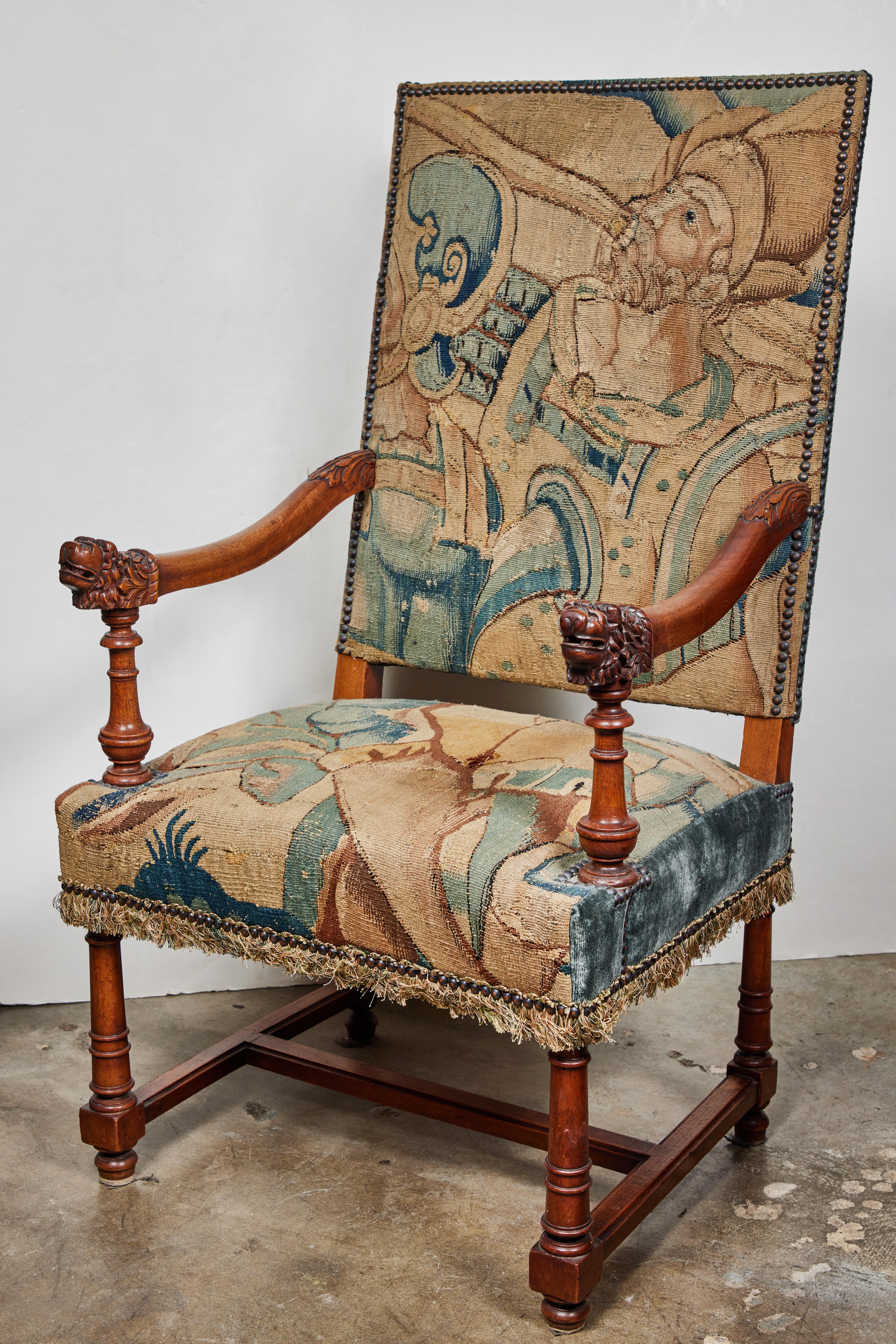 Cotton Antique, Tapestry Covered French Armchairs For Sale