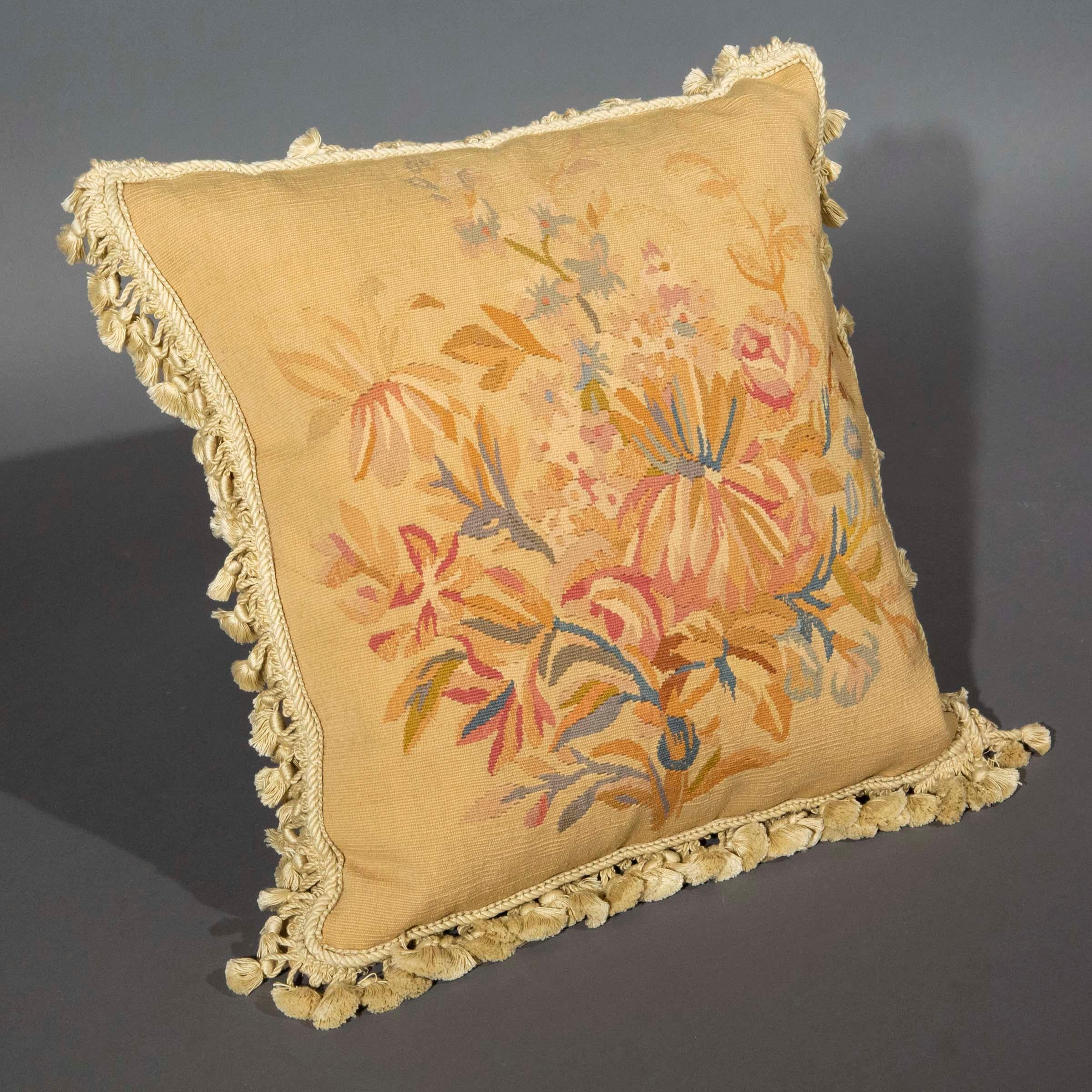 Wool Antique Tapestry Cushion 19th Century Floral Design For Sale