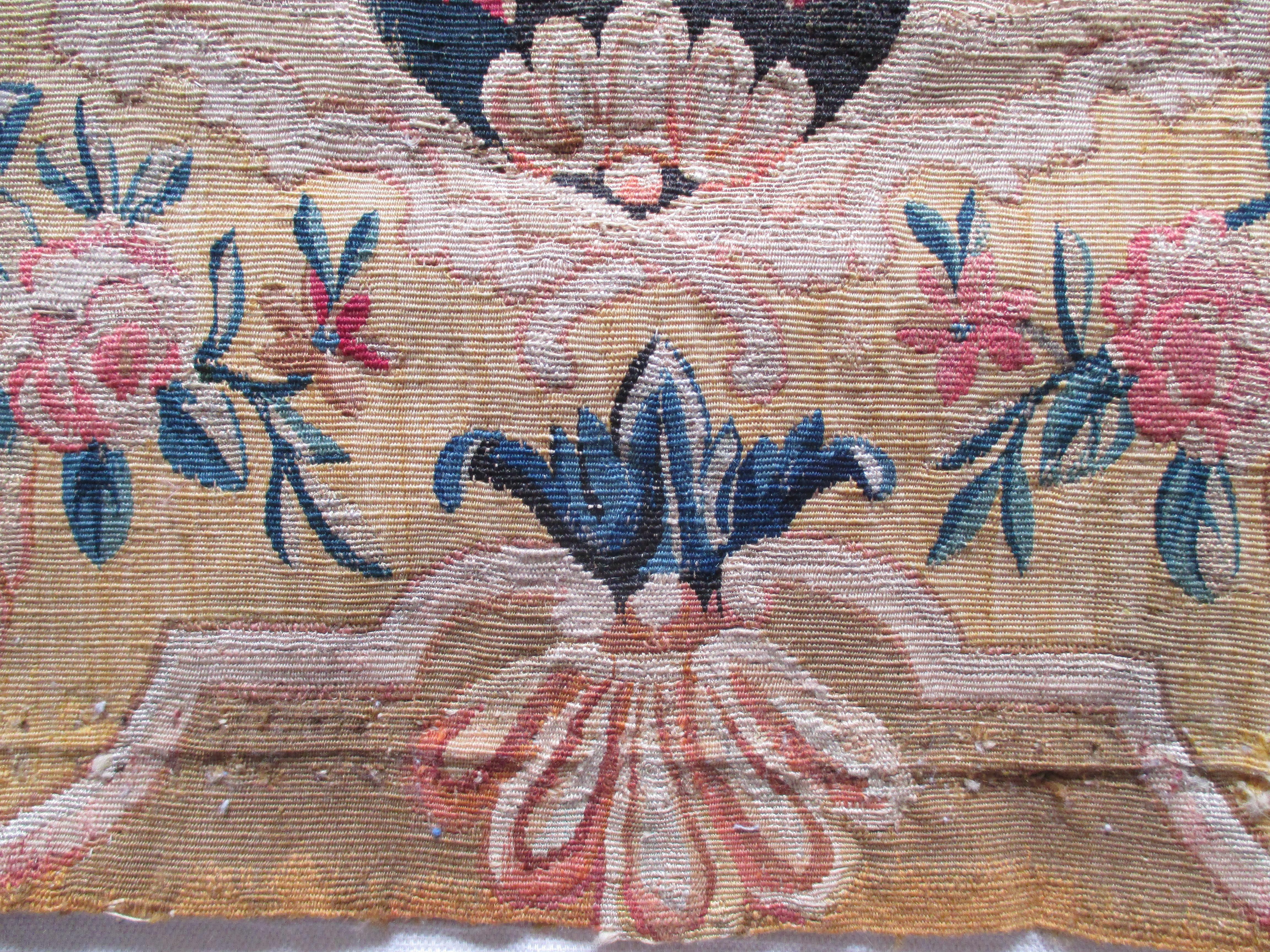 French Provincial Antique Tapestry Fragment Picturing Center Oval Medallion with Bucolic Scene