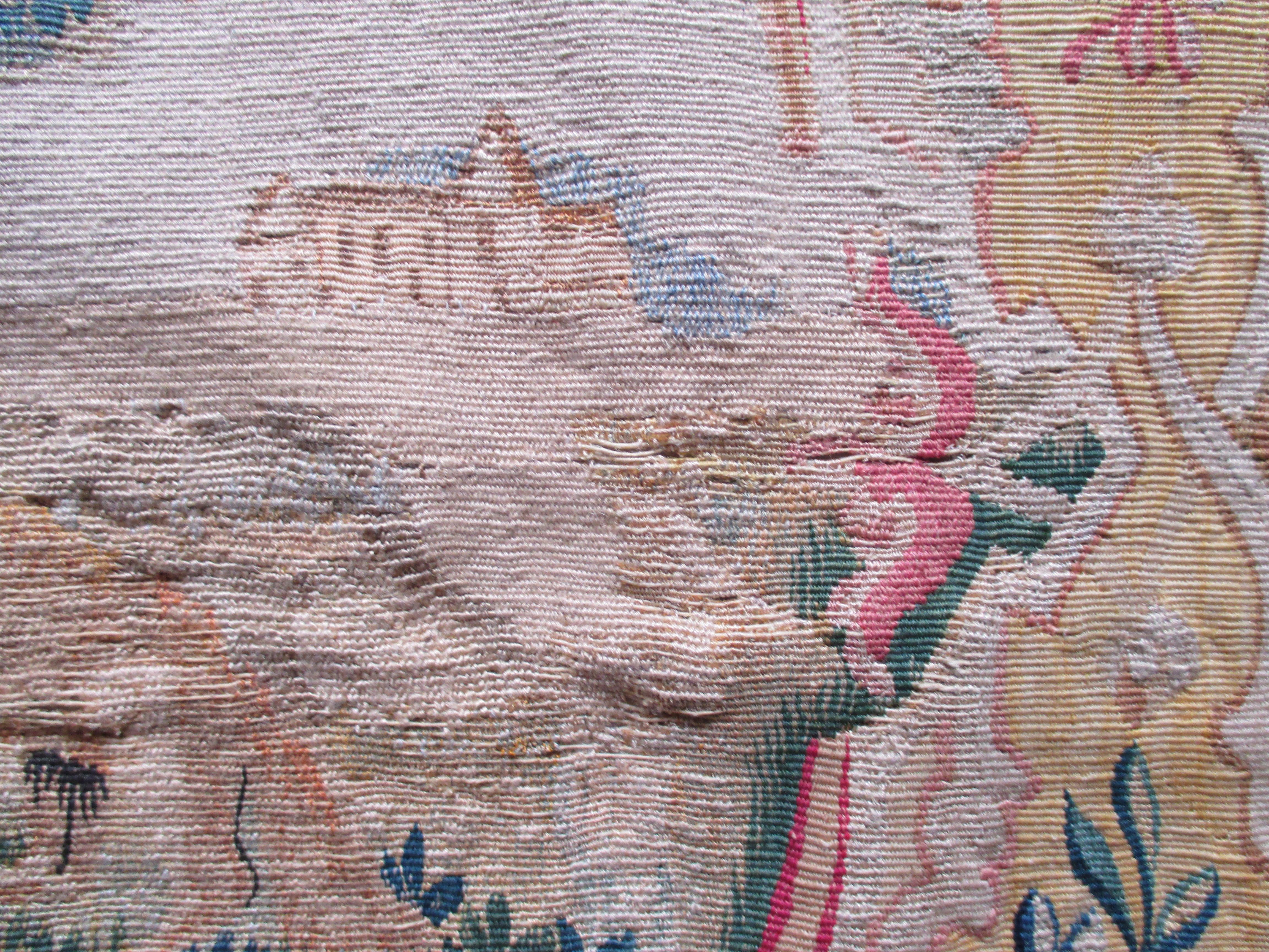 French Antique Tapestry Fragment Picturing Center Oval Medallion with Bucolic Scene