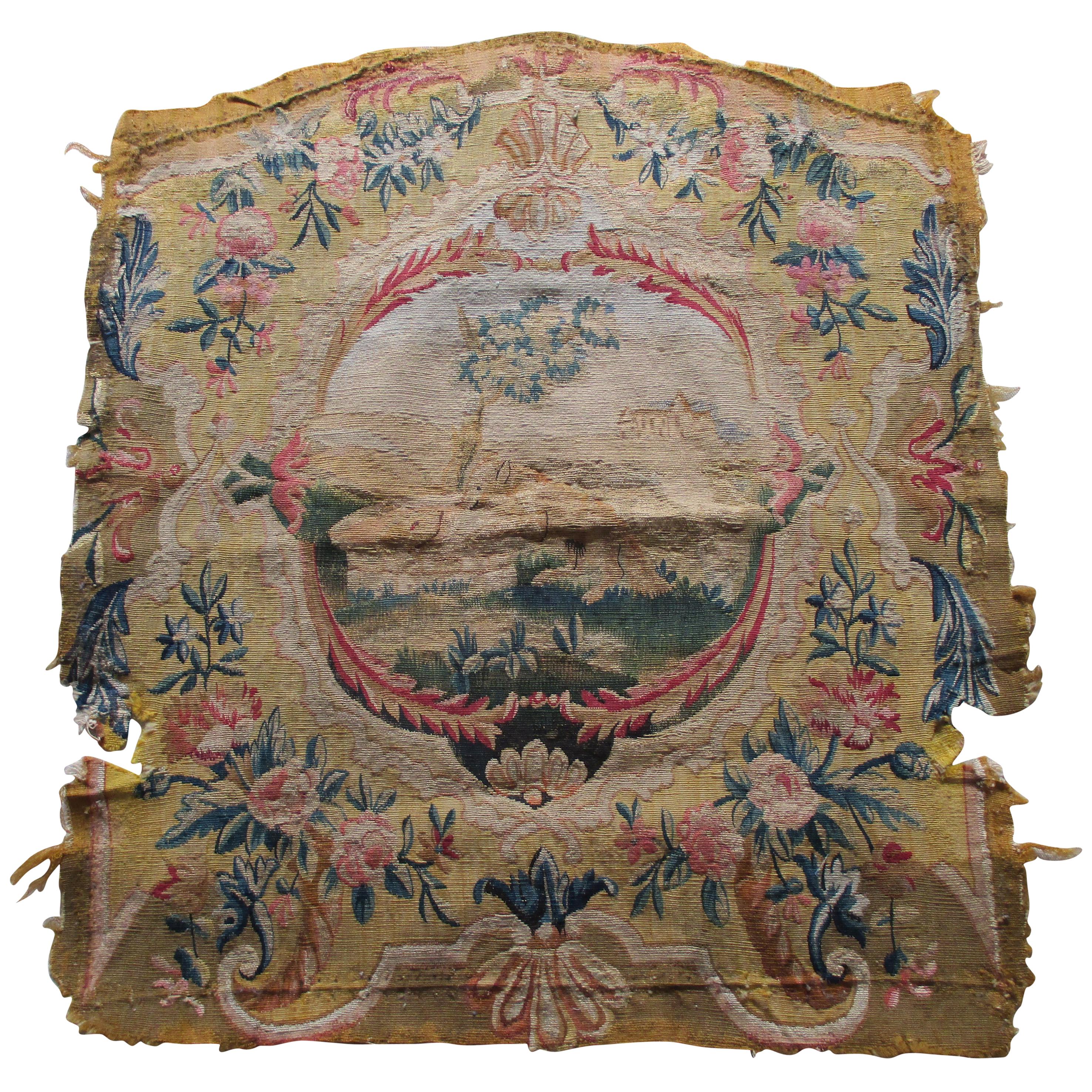 Antique Tapestry Fragment Picturing Center Oval Medallion with Bucolic Scene