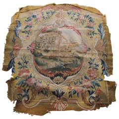 Antique Tapestry Fragment Picturing Center Oval Medallion with Bucolic Scene