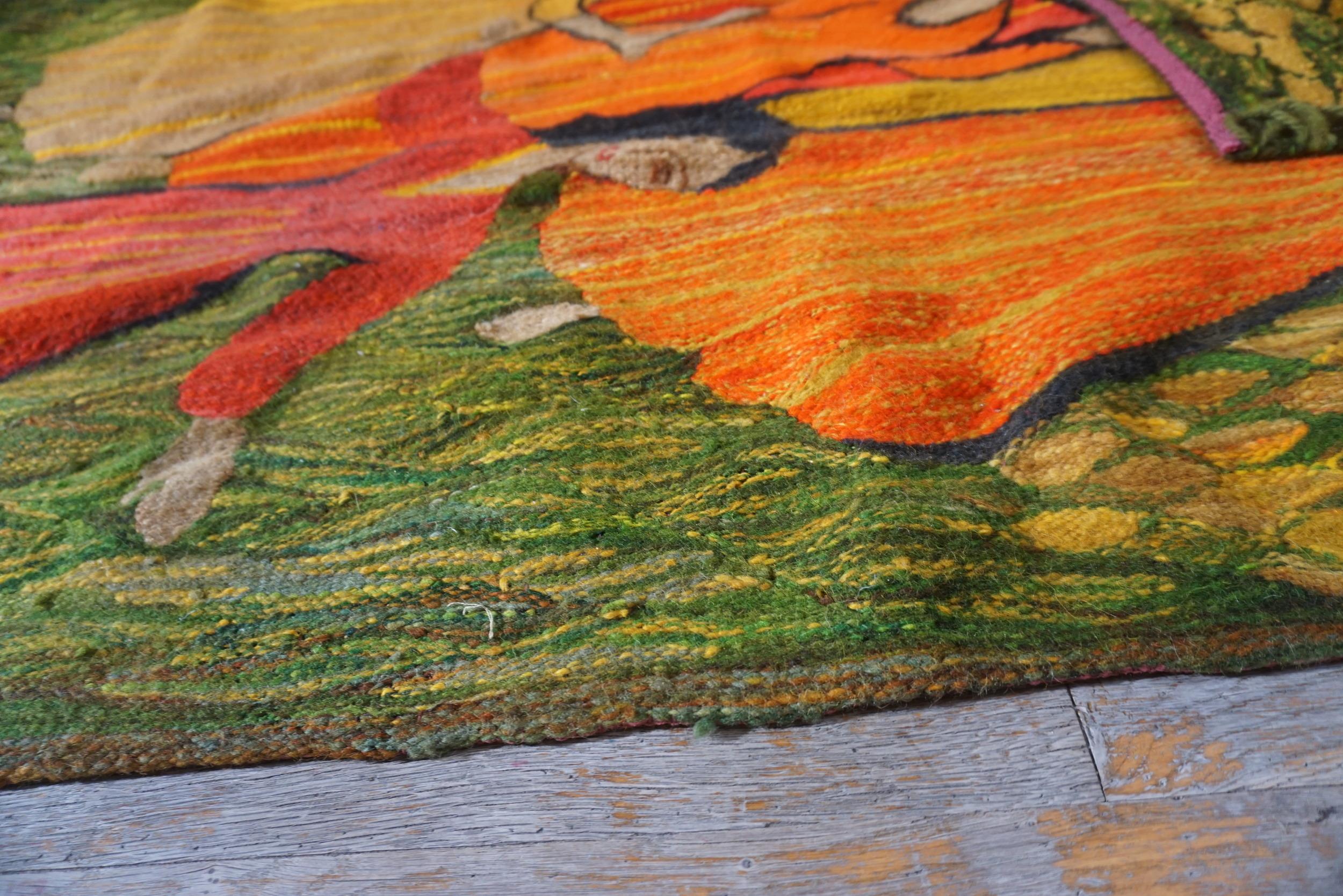 Tessuto a mano Bellissimo arazzo francese su sfondo verde con donne che ballano, 1875 in vendita