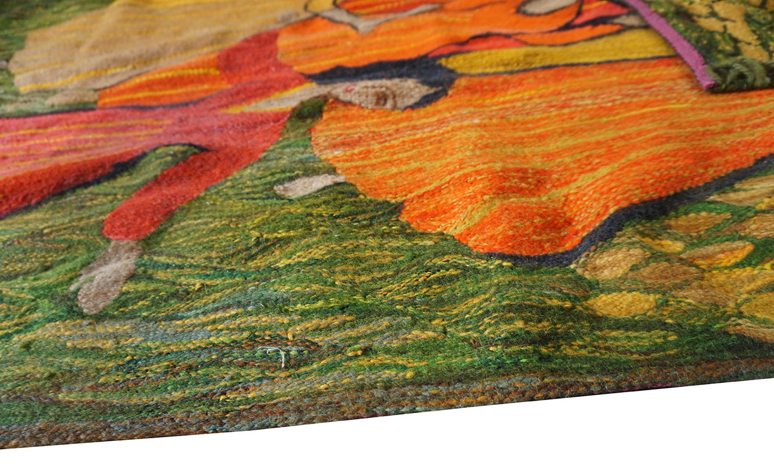 Bellissimo arazzo francese su sfondo verde con donne che ballano, 1875 In condizioni ottime in vendita a New York, NY