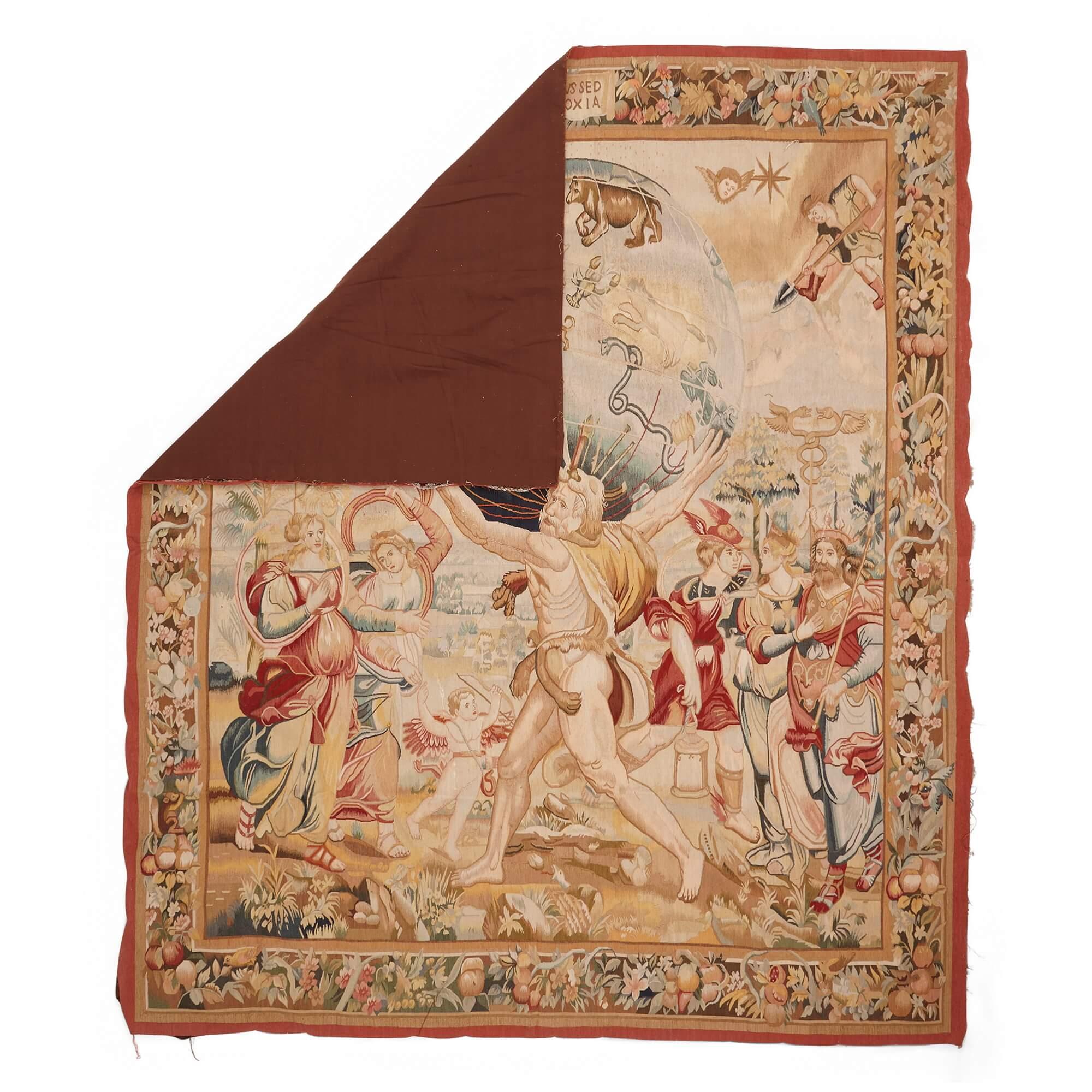 Antique tapestry in the style of van Orley depicting Hercules
Continental, 19th century 
Height 234cm, width 200cm

Inspired by a series of tapestries titled ‘The Spheres’ created by Bernard van Orley (1491-1541), the tapestry in Mayfair Gallery’s