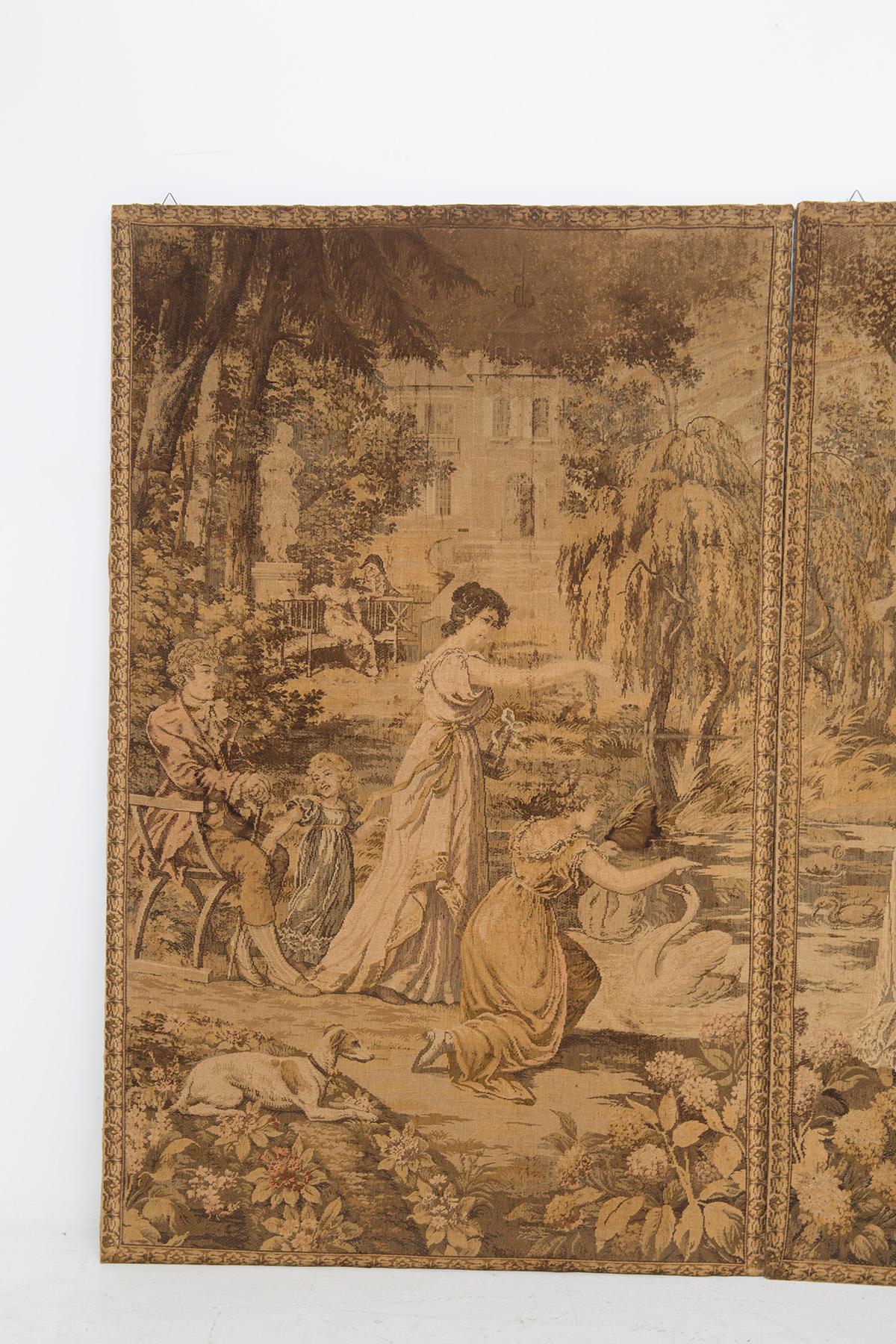 Splendid wall tapestry entirely hand-sewn, of fine Italian manufacture.
The antique tapestry belongs to the second half of the 20th century. Work depicting landscape with bourgeois characters in romantic style of good quality. Tapestry frame,
