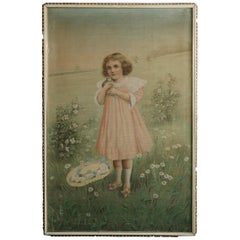 Antique Tapestry Oil Painting of Young Girl, Framed, Circa 1900