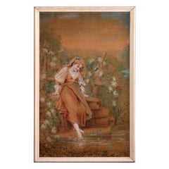 Antique Tapestry Oil Painting of Young Lady, Circa 1900