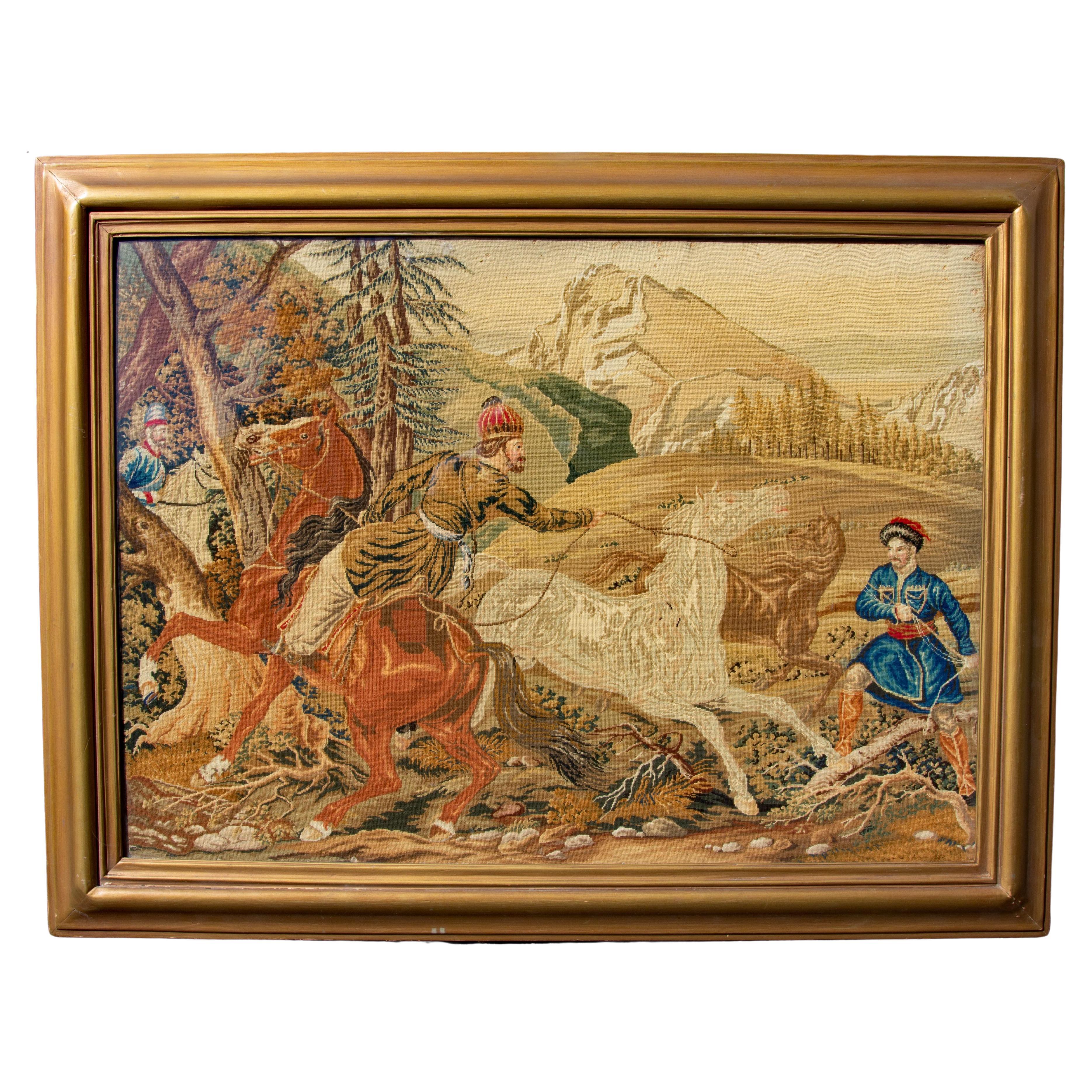 Antique Tapestry Orientalist Scene Capturing Wild Arabian Horses Dated 1852 For Sale at 1stDibs