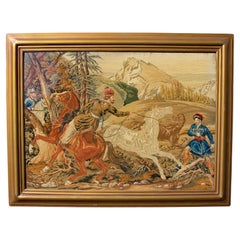Antique Tapestry Orientalist Scene "Capturing Wild Arabian Horses" Dated 1852